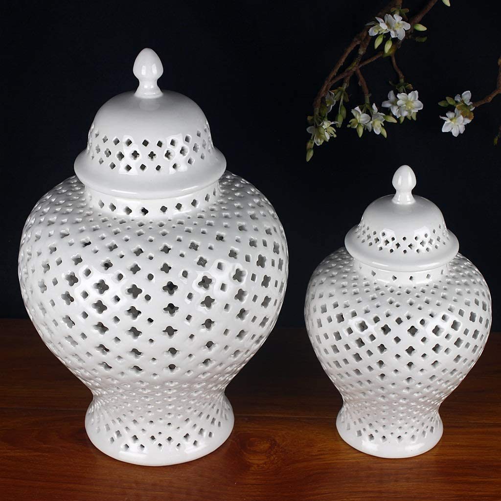 White Traditional Chinese Lattice Ginger Jar with Lid - Medium Size Pierced Porcelain Lantern for Home Decor, Wedding Centerpiece & Asian-Inspired Interior Design | Carthage Collection