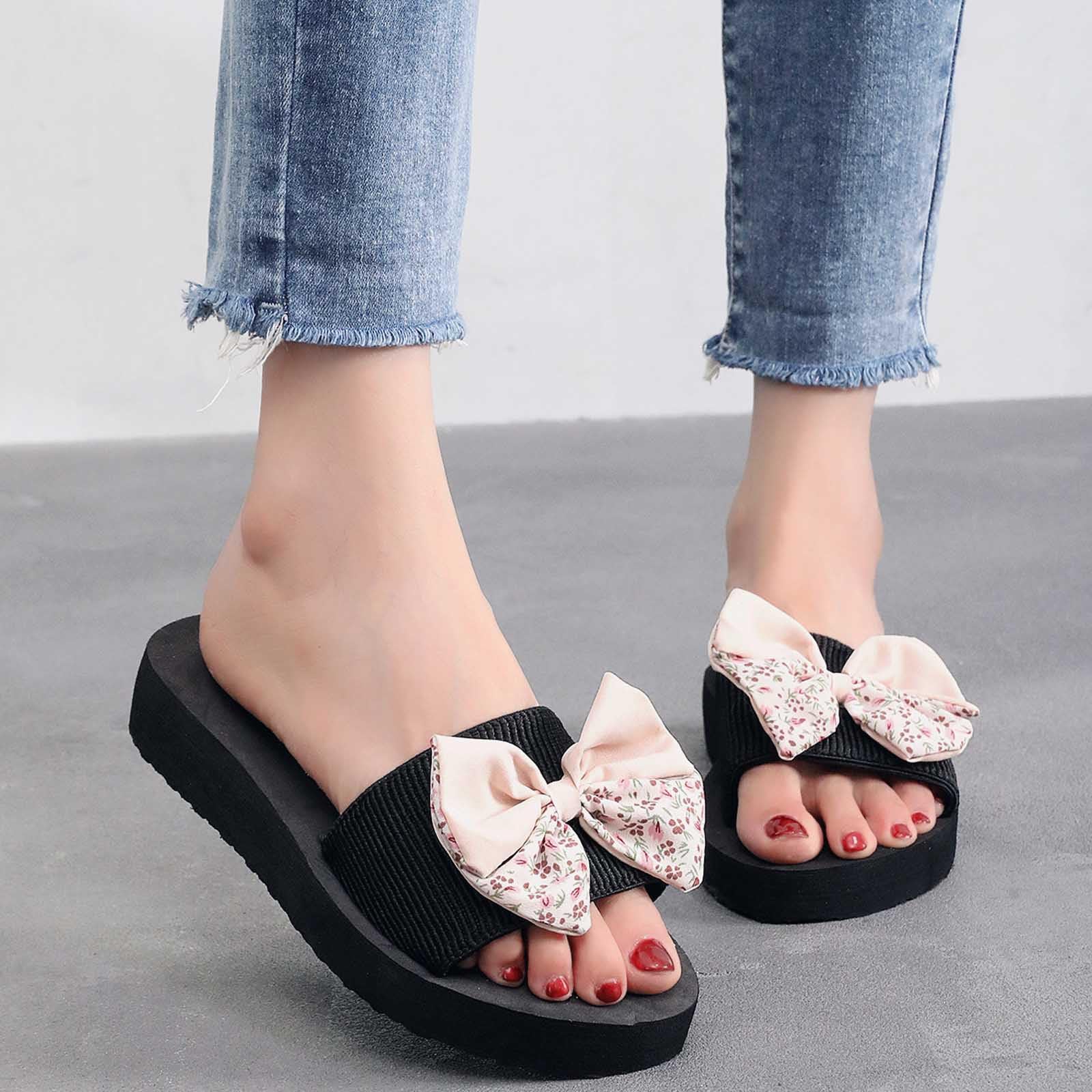 Boho Women's Sandals - Summer Flip Flops with Linen Floral Bow | Comfortable Flat Sandals for Beach, Vacation & Casual Wear