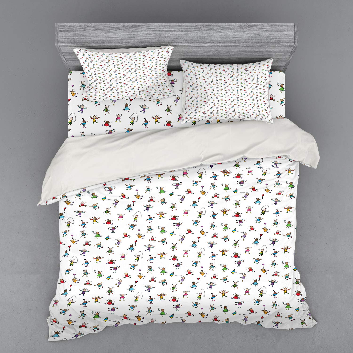 Ambesonne Colorful Duvet Cover Set - Playful Field Doodle Cartoon Design 3-Piece Bedding Set with Pillow Sham & Fitted Sheet, King Size, Multicolor | Fun Kids Room Decor, Teen Bedroom, Dorm Room Essentials
