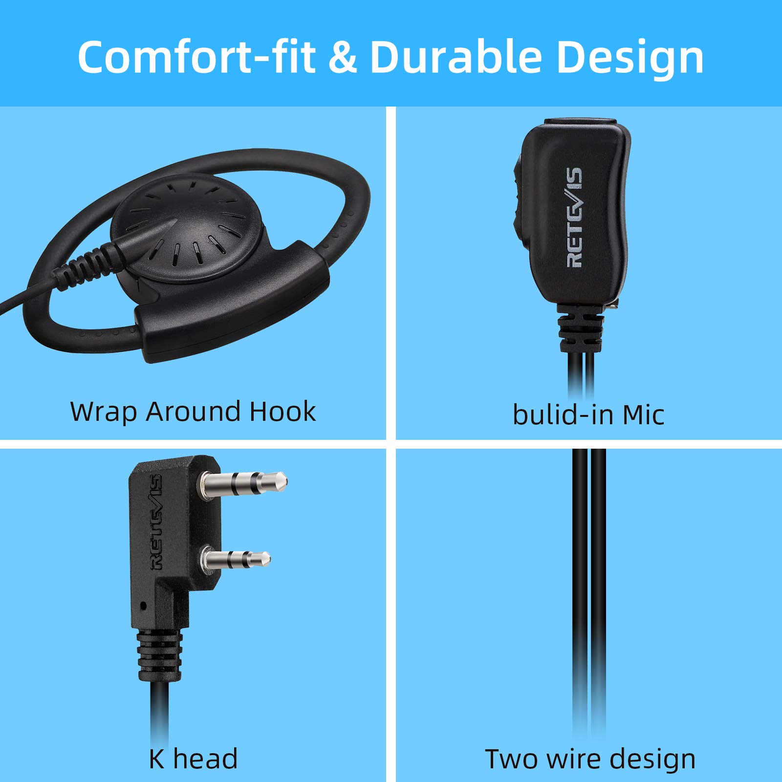 Retevis 6-Pack Two-Way Radio Headset with Microphone - Compatible with RT24, RT27, RT28, RT619, H777, RT22, RT21, Baofeng UV-5RA & 888s Walkie Talkies - Adjustable D-Shaped PTT Headset for Construction, Security, Warehouse & Outdoor Activities
