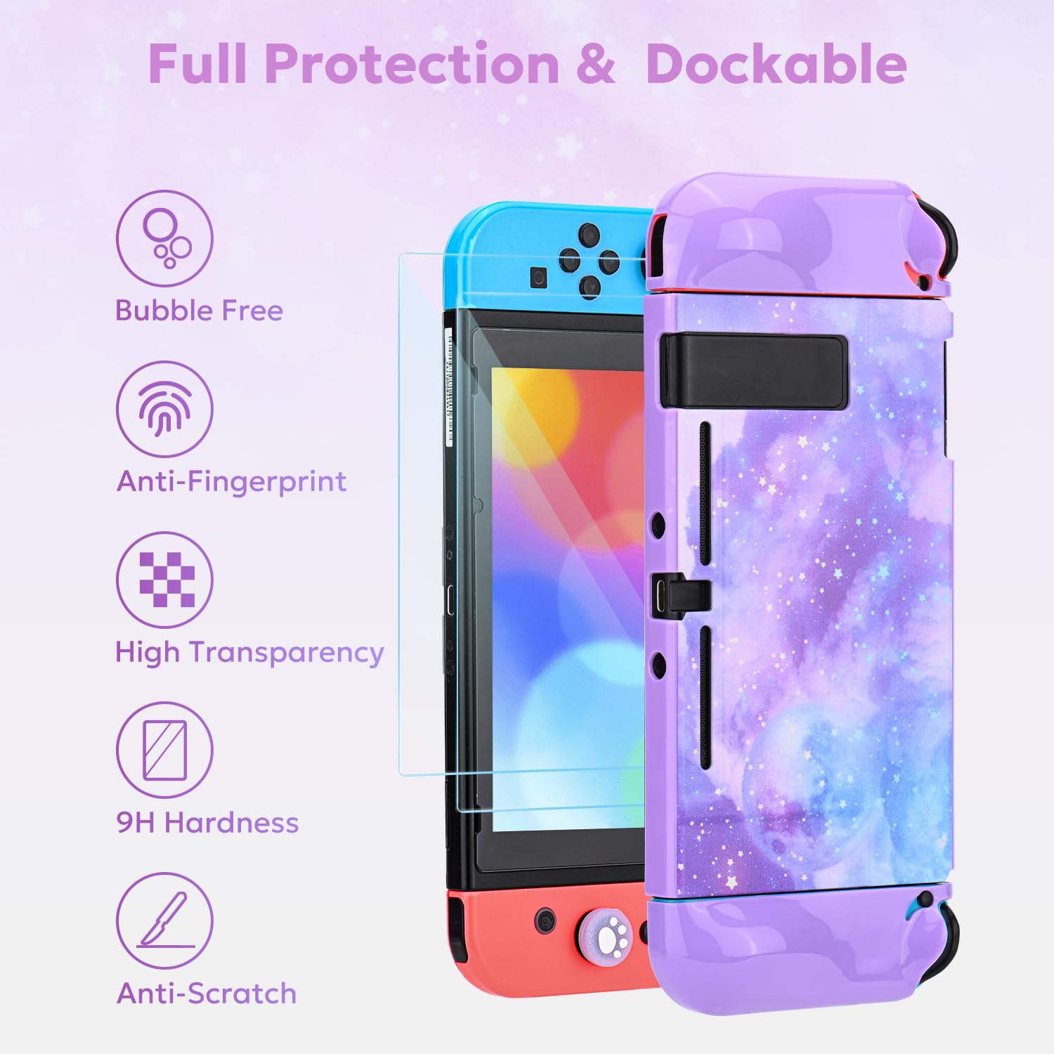 **InnoAura 15-in-1 Nintendo Switch Accessories Bundle – Switch Carrying Case, Game Case, Protective Case, Screen Protector, Thumb Grips (Galaxy Purple) – Perfect for Travel, Gaming On-The-Go & Switch Protection**
