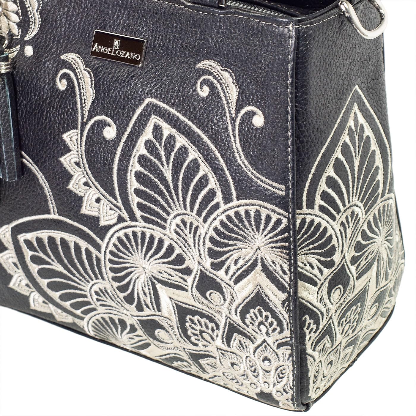 Handmade Leather Satchel Bag for Women with Mandala Embroidery – Pilar Mandala Model – Perfect for Work, Travel & Boho Fashion Accessories