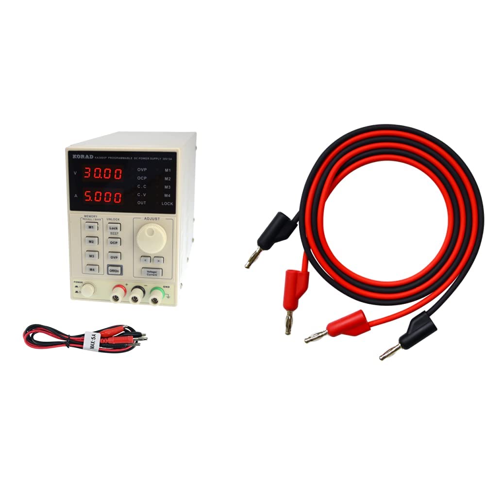 KORAD KA3005P Programmable Precision DC Power Supply 30V 5A Digital Regulated Lab Grade & Elenco TL-18 Banana to Banana Test Lead Set - Perfect for Electronics Testing, Circuit Prototyping, and Laboratory Power Applications