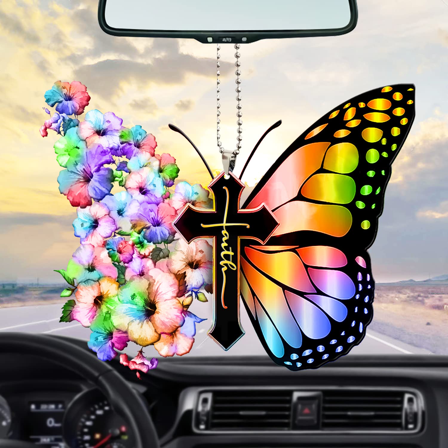 Vibrant Hibiscus Rainbow Flower Butterfly Cross Car Hanging Ornament - 2D Printed Double-Sided Christian Faith Car Accessory for Rearview Mirror - Meaningful Gift for Jesus Believers - Perfect for Daily Commute, Church Visits & Spiritual Road Trips