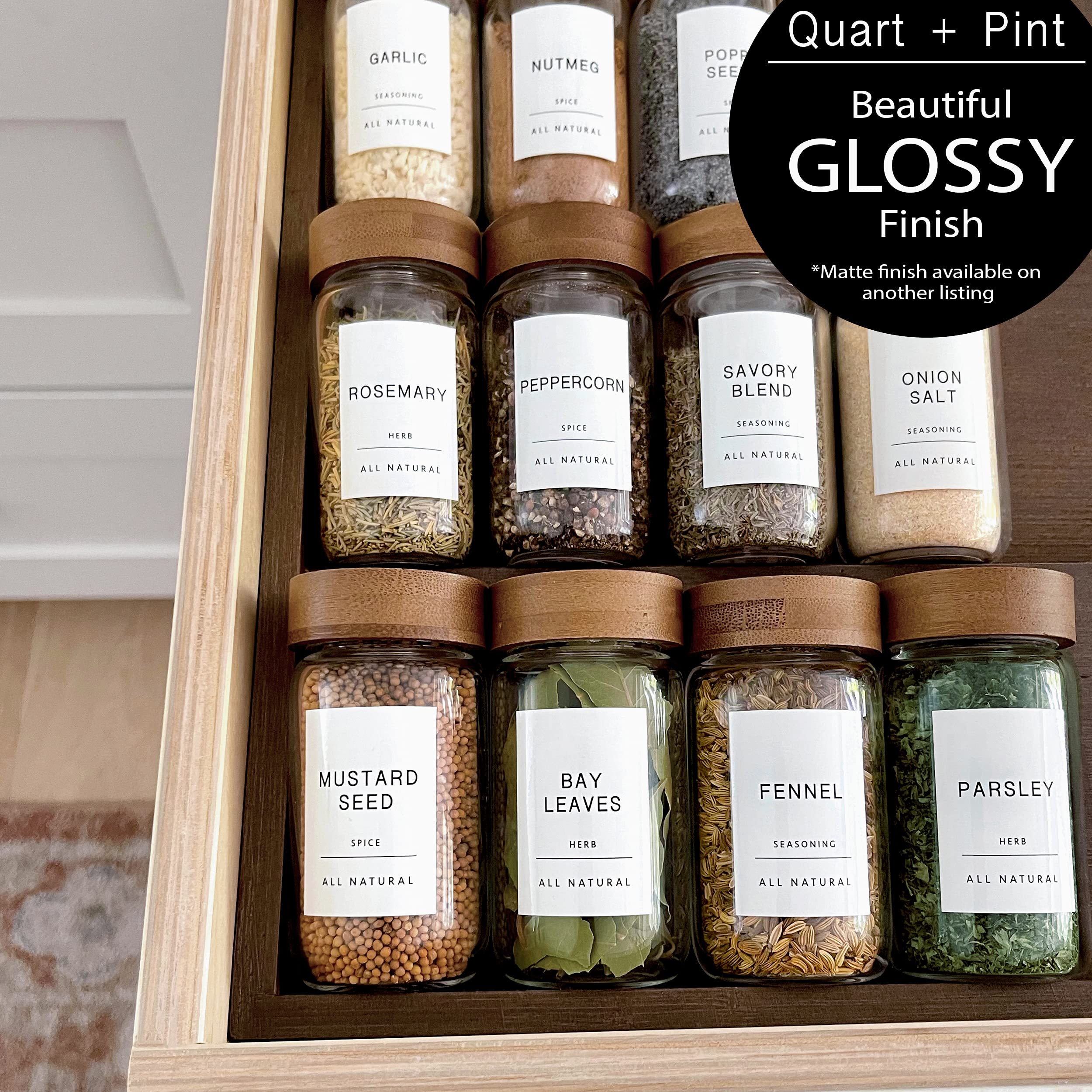 140 Glossy Spice Jar Labels - Quart & Pint Sizes - Minimalist White Stickers with Black Text - Waterproof & Durable - Perfect for Organizing Jars, Bottles, Containers & Bins - Ideal for Kitchen Pantry Storage & Spice Rack Organization - Great for Home, Restaurant & Catering Use