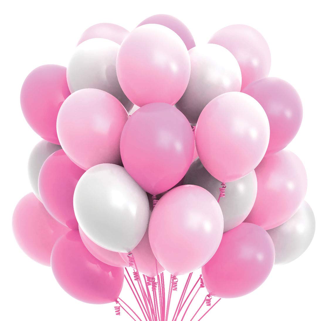Prextex 75 Pack 12 Inch Pink, Baby Pink & White Balloons with Ribbon - Premium Helium Quality for Baby Showers, Bachelorette Parties, Birthday Decorations & Pink-White Themed Events