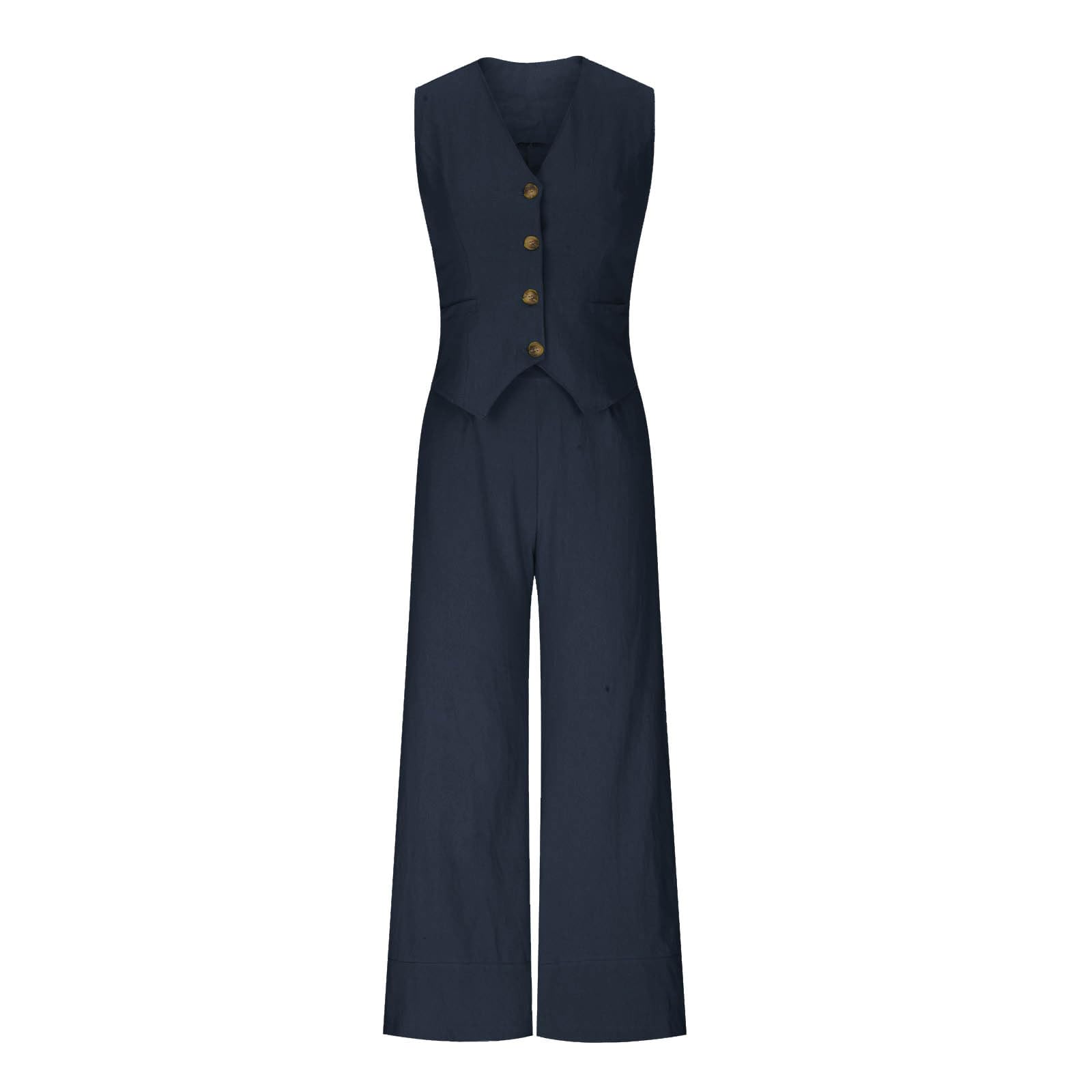 Trendy 2024 Women's Linen Lounge Set - Button Vest & Long Pants 2-Piece Outfit for Summer Vacation & Travel | Comfortable Casual Wear for Beach, Home Relaxing