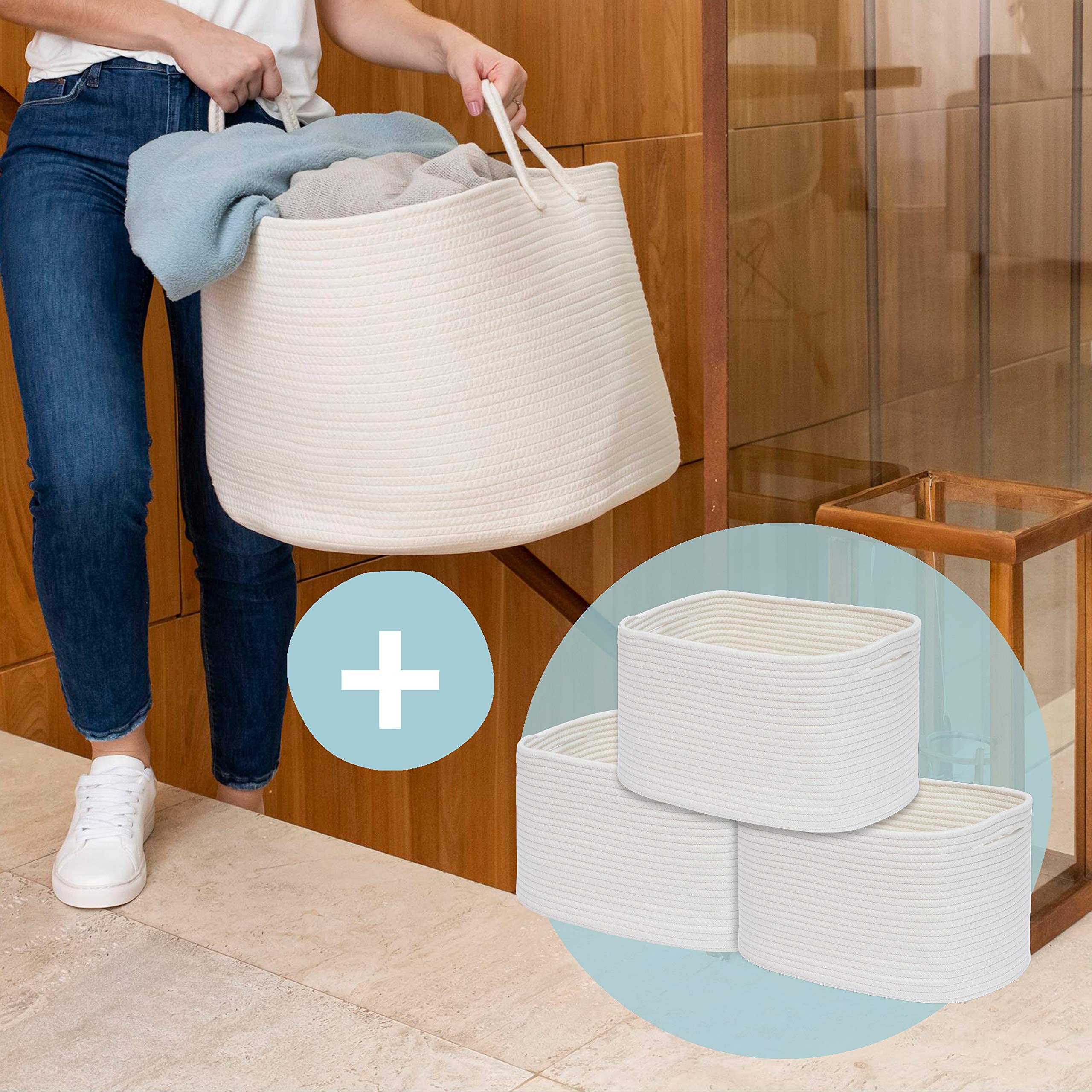 Set of 3 Shelf Cube Baskets + Wide Rope Baskets + 2 Planter Baskets - Off White | Storage & Organization for Home, Office & Nursery | Perfect for Shelves, Closets & Plant Decor