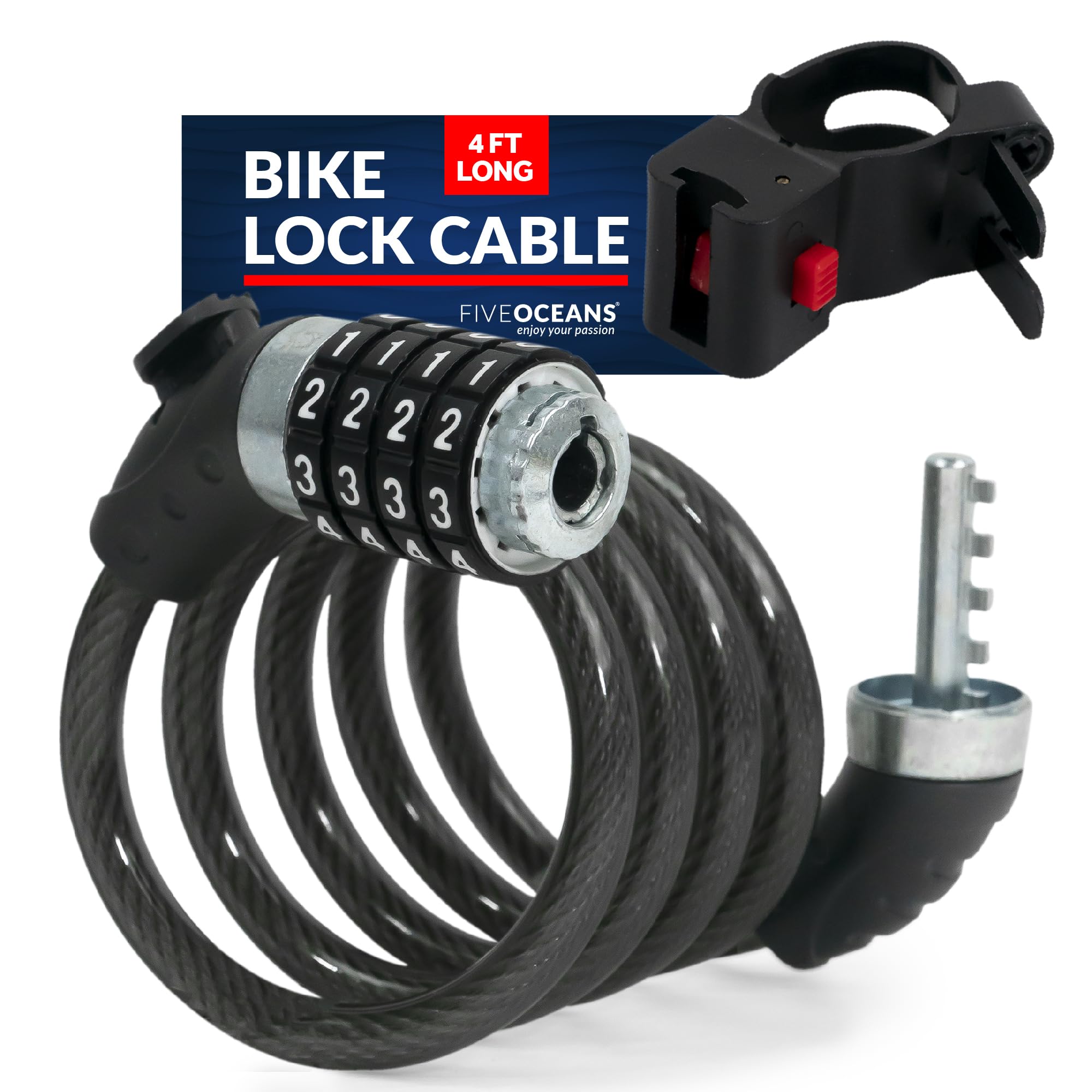 Five Oceans Heavy Duty Combination Bike Lock - 4ft Anti-Theft Security Cable with Resettable Code & Mounting Bracket for Bicycle, Motorcycle, Door, Gate, Fence | Perfect for Urban Commuting, Outdoor Adventures & Home Security - FO3957