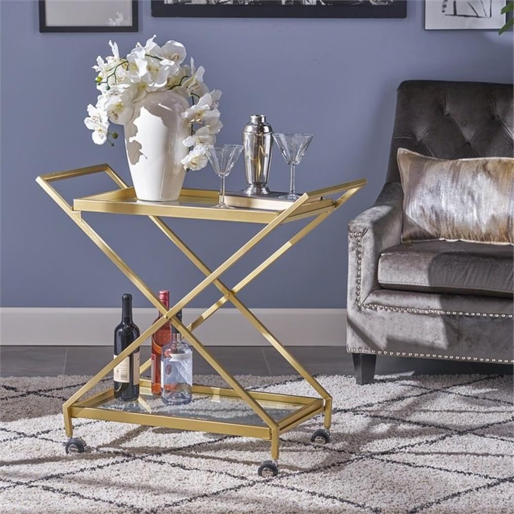 Noble House Sherianne Gold Iron Bar Cart with Tempered Glass Shelves - Stylish Rolling Drink Cart for Home Bar, Kitchen, or Outdoor Entertaining
