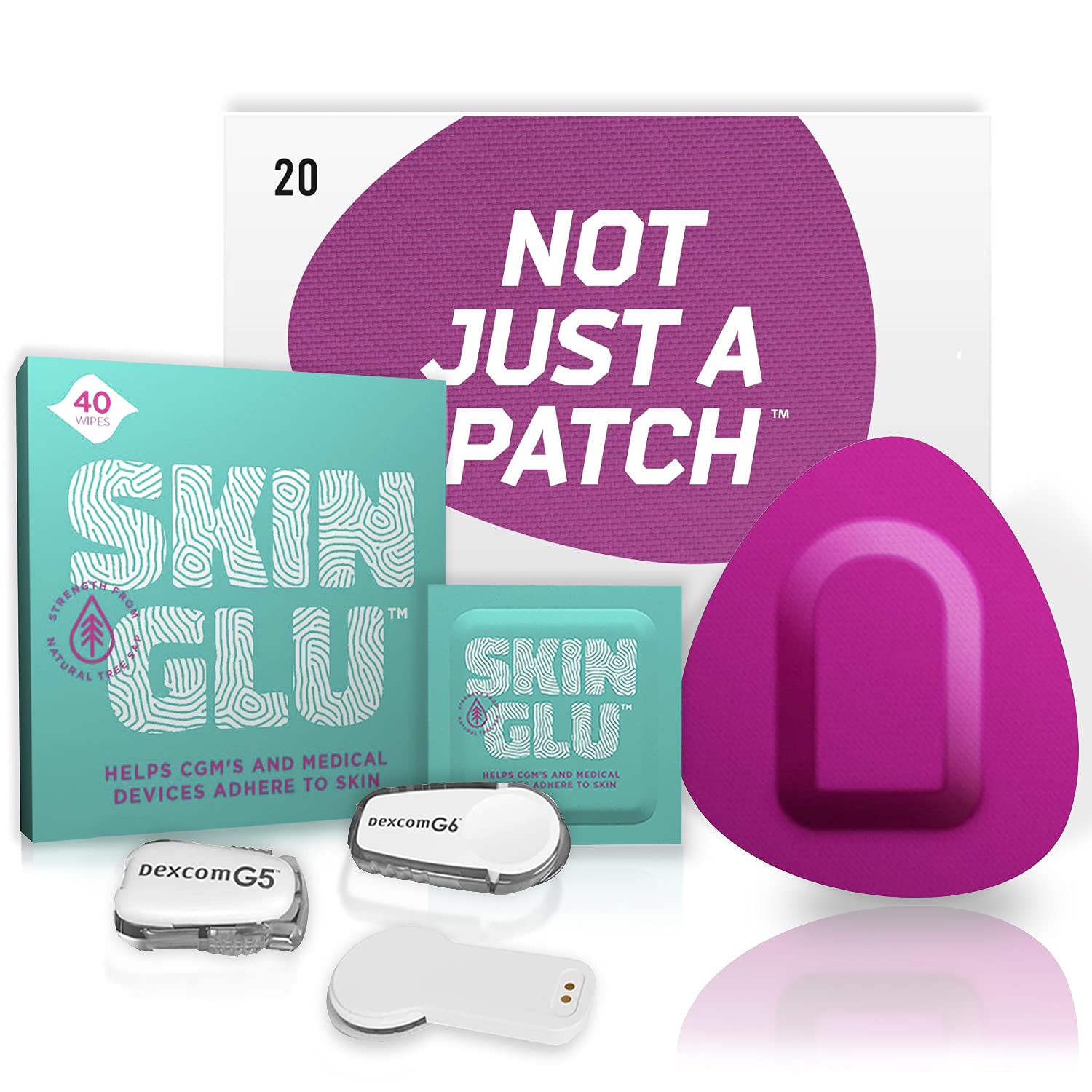 Dexcom G4 G5 G6 & MiaoMiao Compatible CGM Adhesive Patches - NOT JUST A PATCH & Skin Glu Combo Pack (20 Purple Patches + 40 Barrier Wipes) - Secure Infusion Site Protection for Active Lifestyles & Diabetes Management