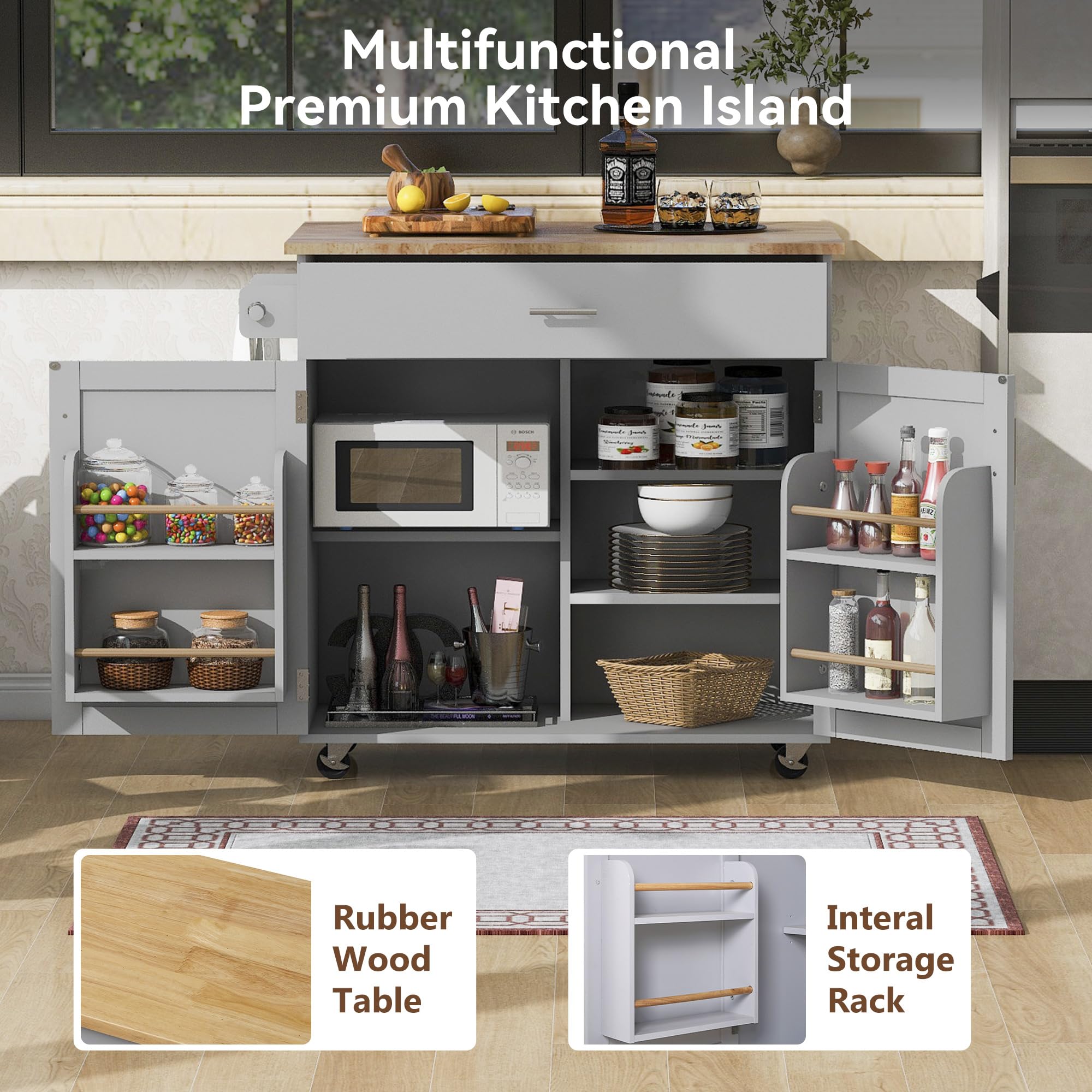 Merax 39-Inch Rolling Kitchen Cart Island with Rubber Wood Top, Spacious Drawer with Divider & Storage Rack - Mobile Kitchen Organizer for Small Spaces, Dining Room or Apartment - Grey