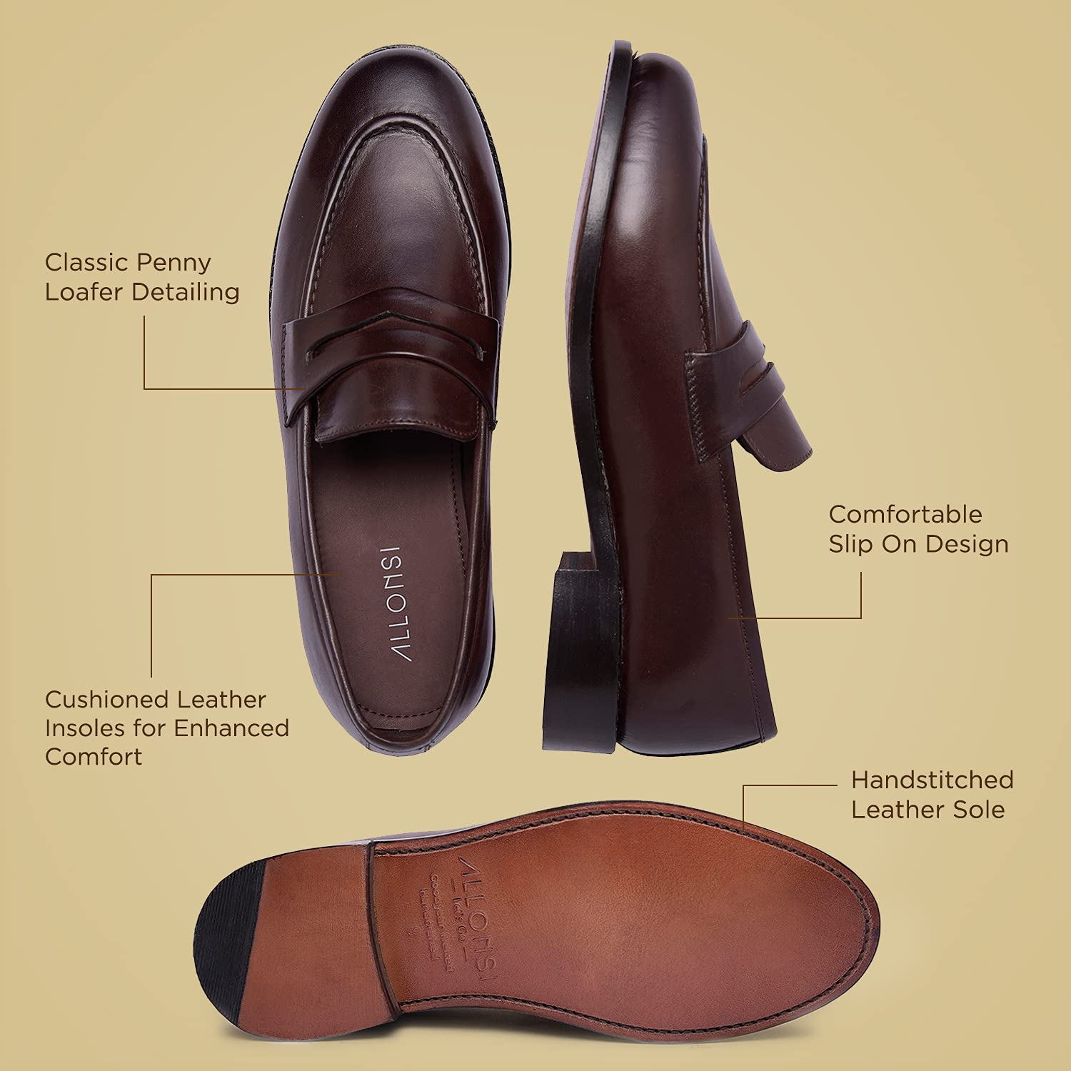 James Genuine Leather Men's Penny Loafers - Goodyear Welted Dress Shoes | Handcrafted Luxury Slip-On Loafers with Leather Sole | Perfect for Business, Office & Formal Occasions
