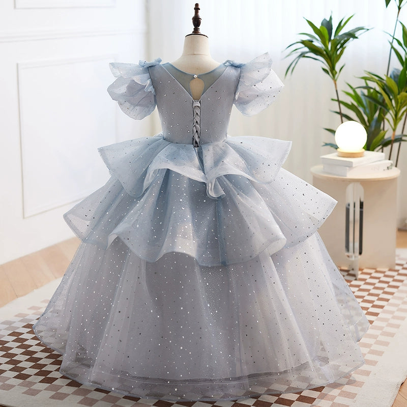Dusty Blue Princess Round Floor-Length Tulle Flower Girl Dress for Weddings & Special Occasions