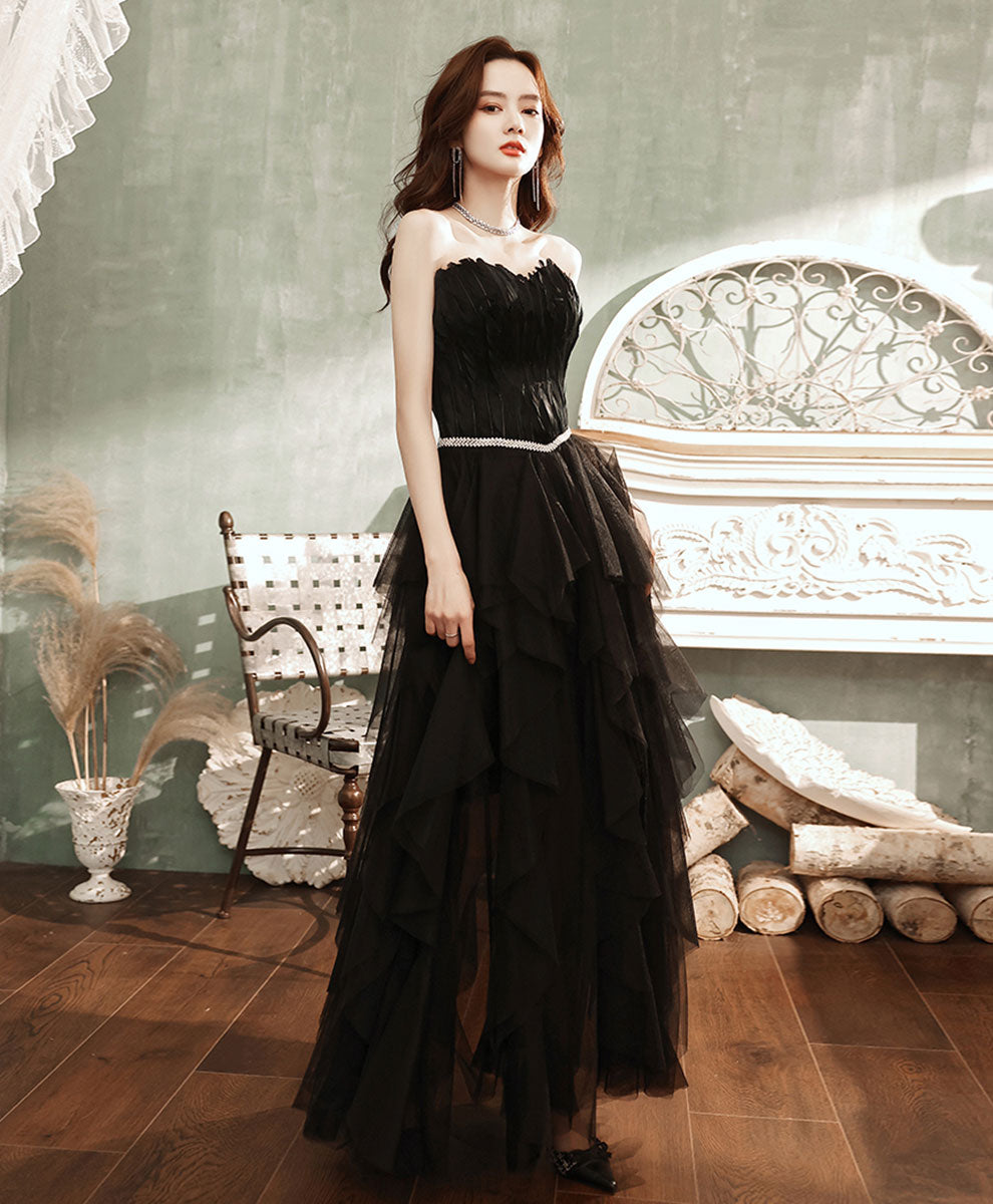 Elegant Black Aline Tulle Long Prom Dress with Feather Details - Formal Evening Gown for Homecoming, Wedding, and Special Occasions