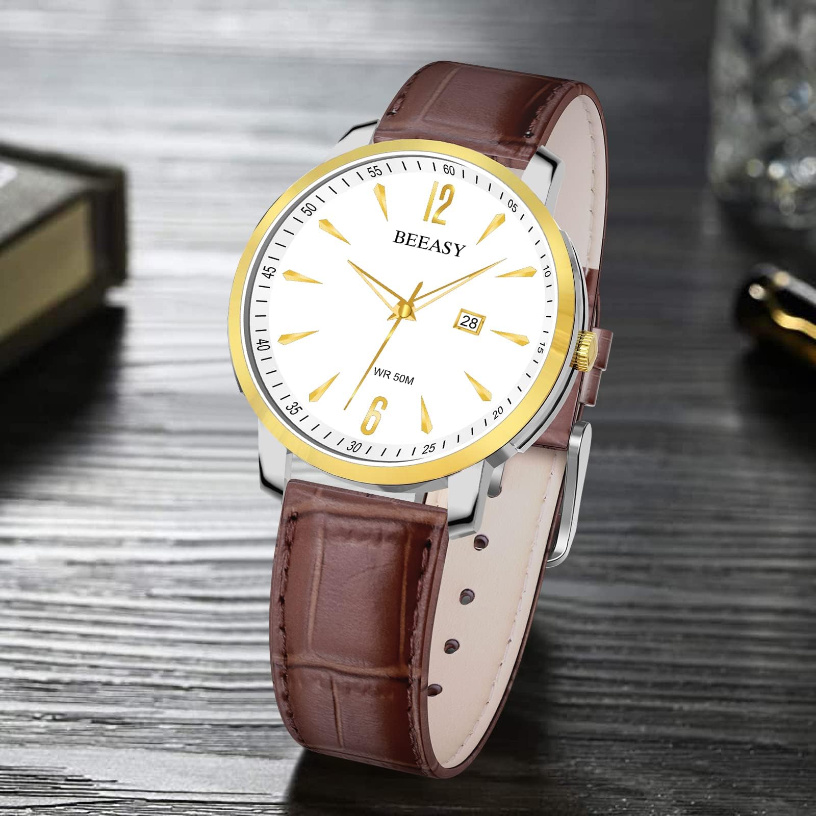 Beeasy Men's Minimalist Watch - Leather Strap Analog Date for Business & Formal Wear | Waterproof Office & Dress Occasions