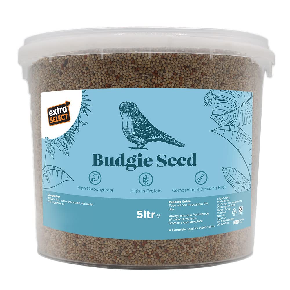 Premium Budgie Seed Mix - Nutritious Indoor Bird Food for Small Birds Like Parakeets & Finches - 5L Resealable Storage Tub - Perfect for Daily Feeding & Cage Enrichment