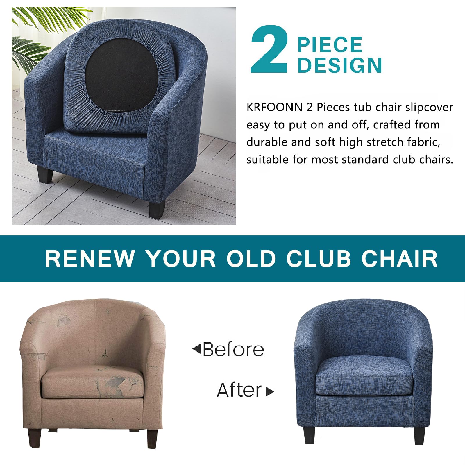 KRFOONN 2-Piece Stretch Printed Round Barrel Chair Slipcover Set - Elastic Bottom Removable Tub Chair Covers, Furniture Protector for Living Room, Sofa & Office - Soft Fabric Club Chair Cover (B7 Style) - Perfect for Home Decor, Pet Protection & Spill Prevention