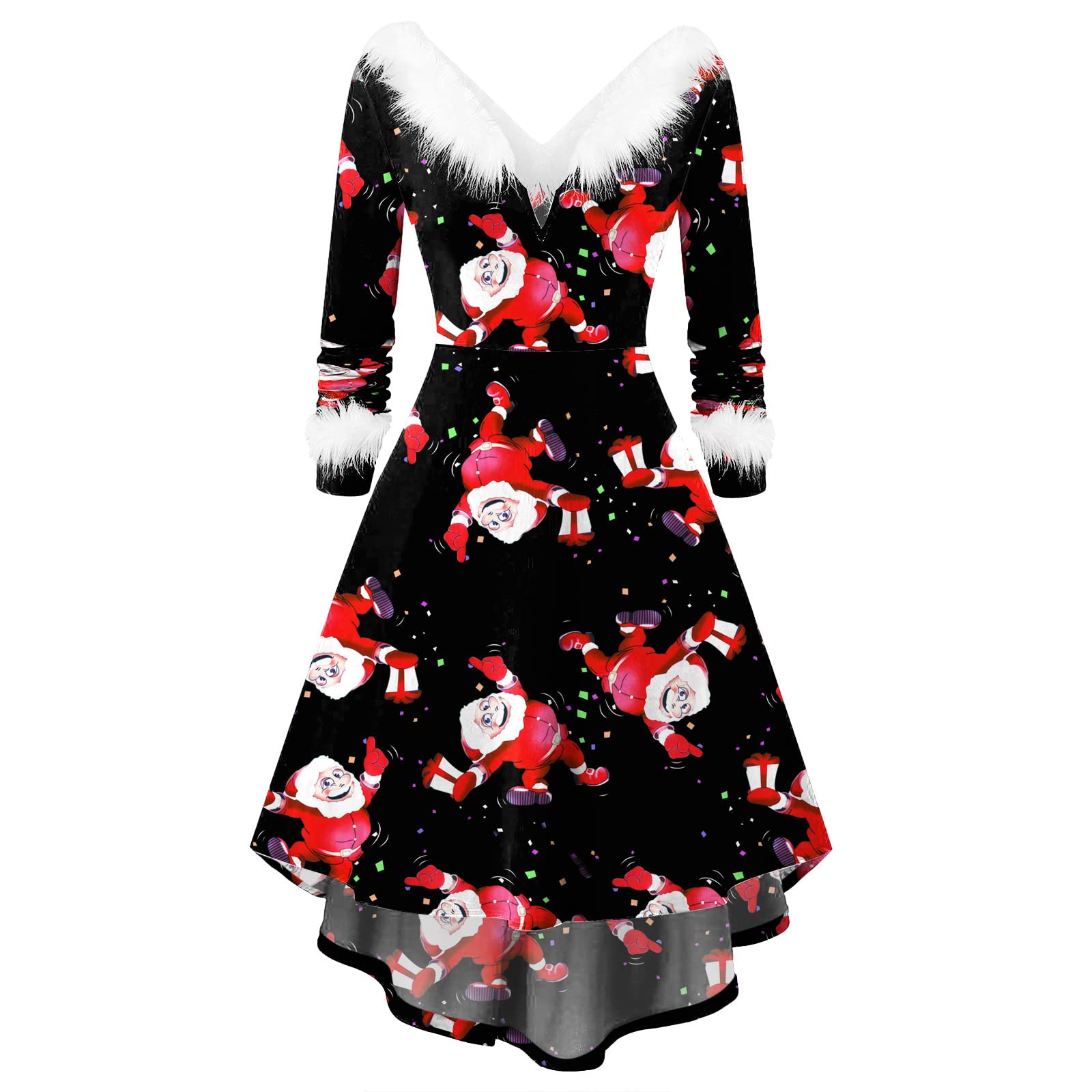 Festive Christmas Dresses for Women - Long Sleeve Furry V-Neck Midi Dress with Santa & Snowflake Print - Elegant Holiday Party Outfit for Xmas Gatherings, Office Parties & Family Celebrations