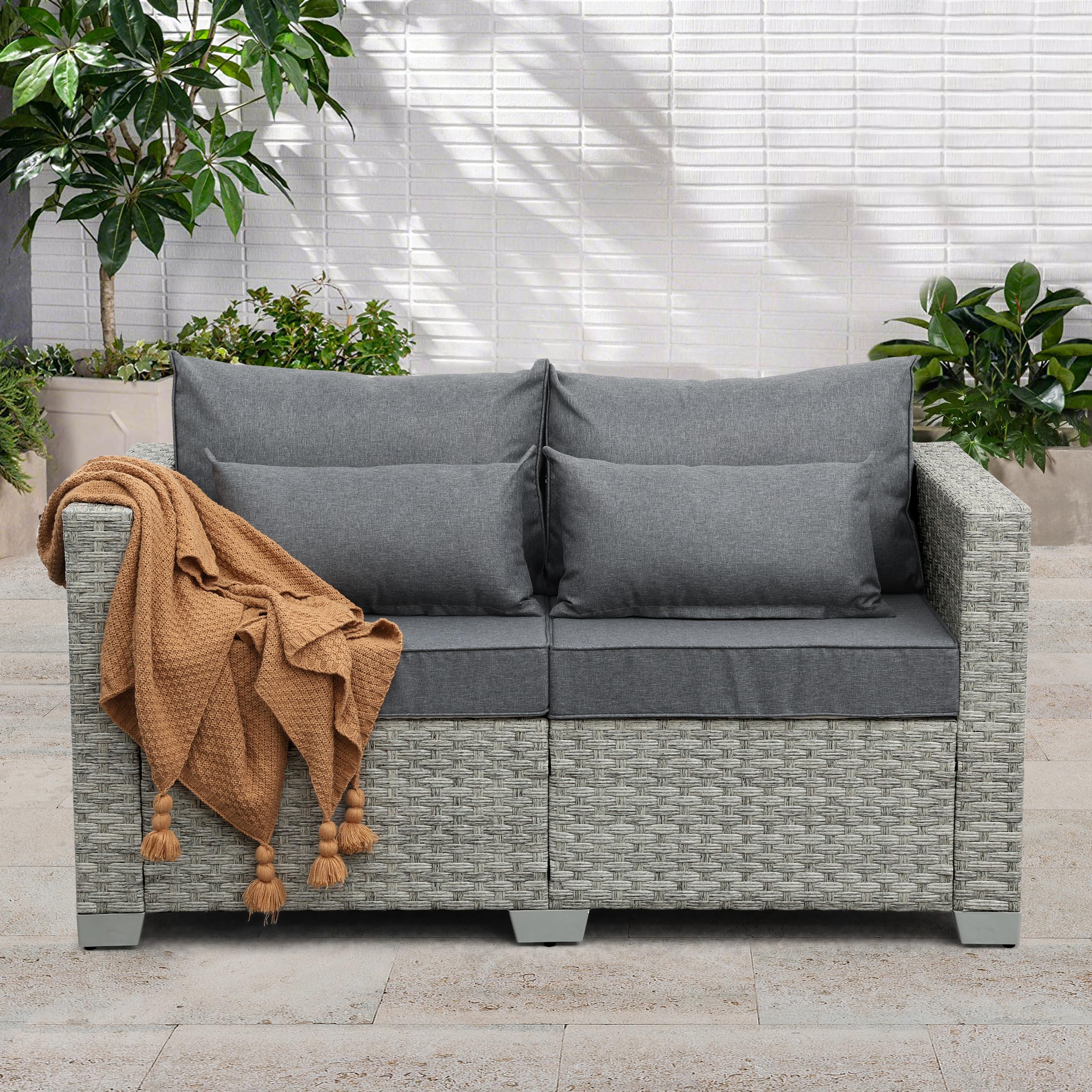 WAROOM Outdoor Patio Loveseat - PE Rattan 2-Seater Wicker Sofa with Gray Cushion, Deep Seating Small Couch for Garden, Balcony & Backyard Relaxation