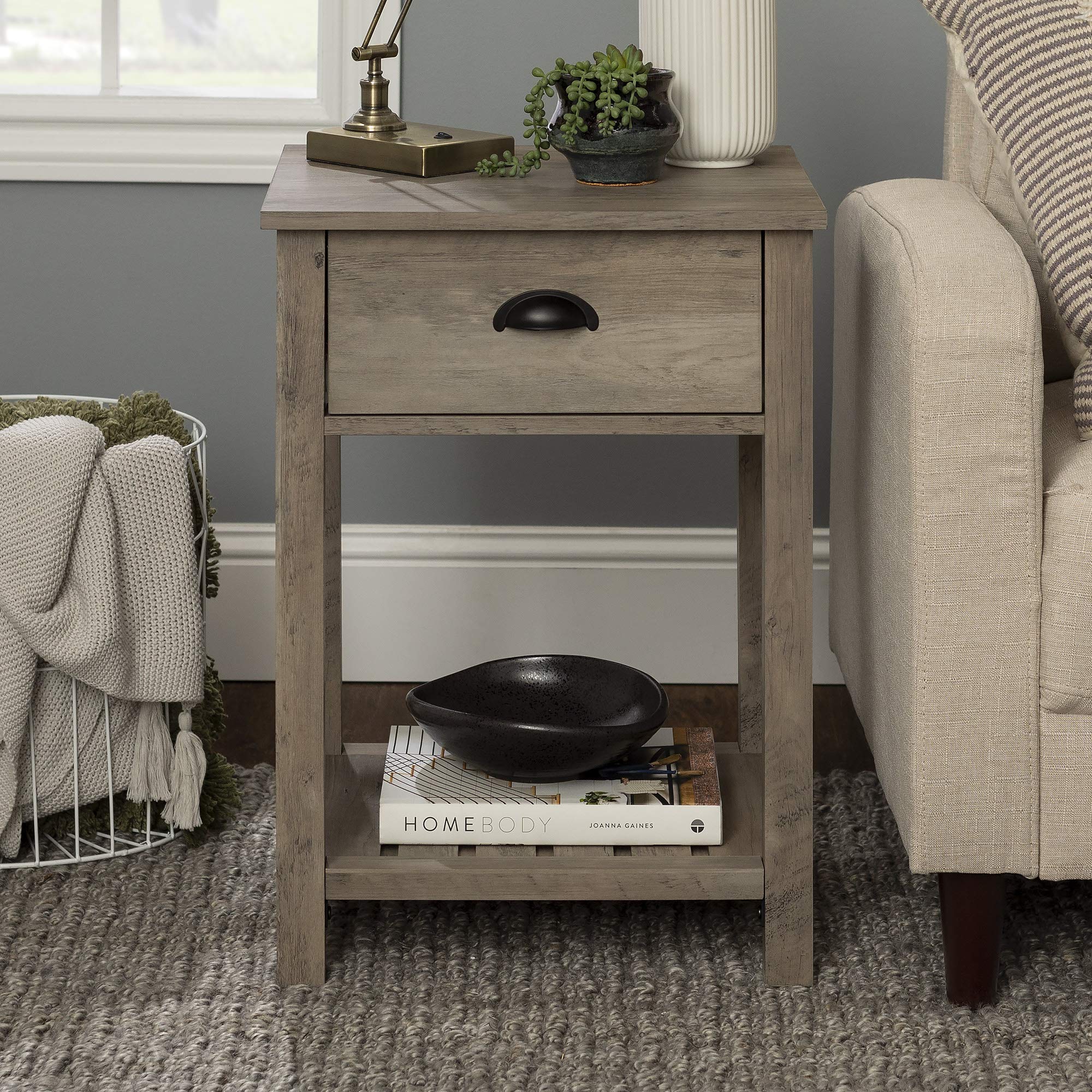 Walker Edison Farmhouse Square Side Accent Table Set - 18 Inch Grey Wash Storage End Table with Door for Living Room, Bedroom & Nightstand - Perfect for Small Space Organization & Home Decor