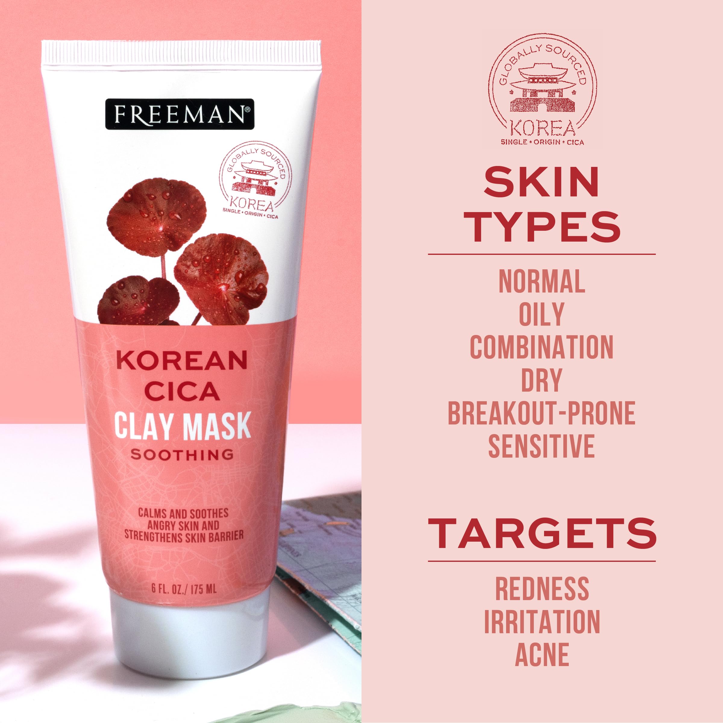 Freeman Exotic Blends Soothing Korean Cica Clay Facial Mask - 6 fl.oz (175mL) for Deep Cleansing & Pore Minimizing | Perfect for Sensitive Skin & Post-Workout Recovery