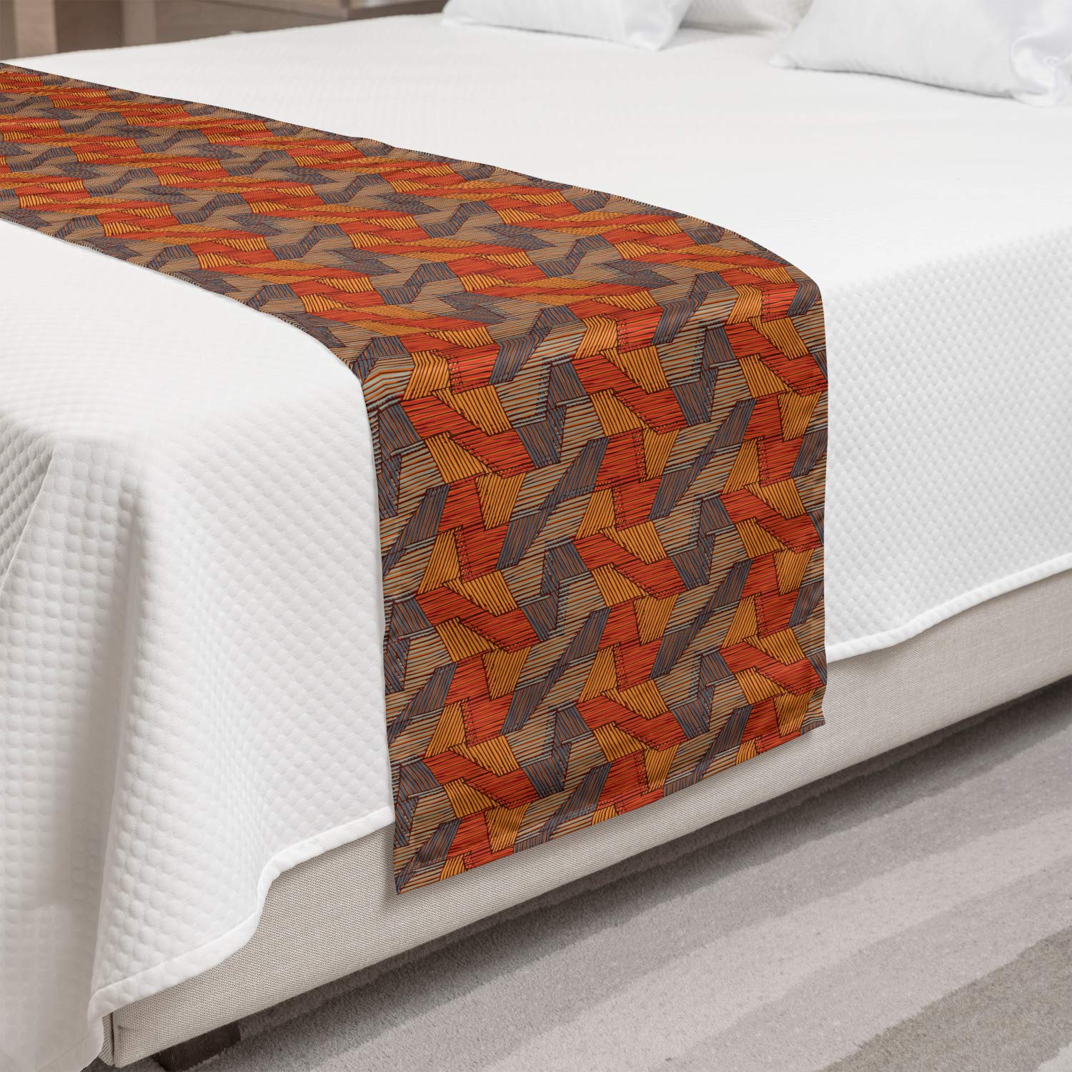 Ambesonne Abstract Bed Runner - Striped Whimsical Shapes in Retro Tones, Decorative Accent Bedding Scarf for King Size Beds | Perfect for Hotels, Homes & Guestrooms | Purple-Blue Vermilion Design | Adds Elegance to Bedroom Decor