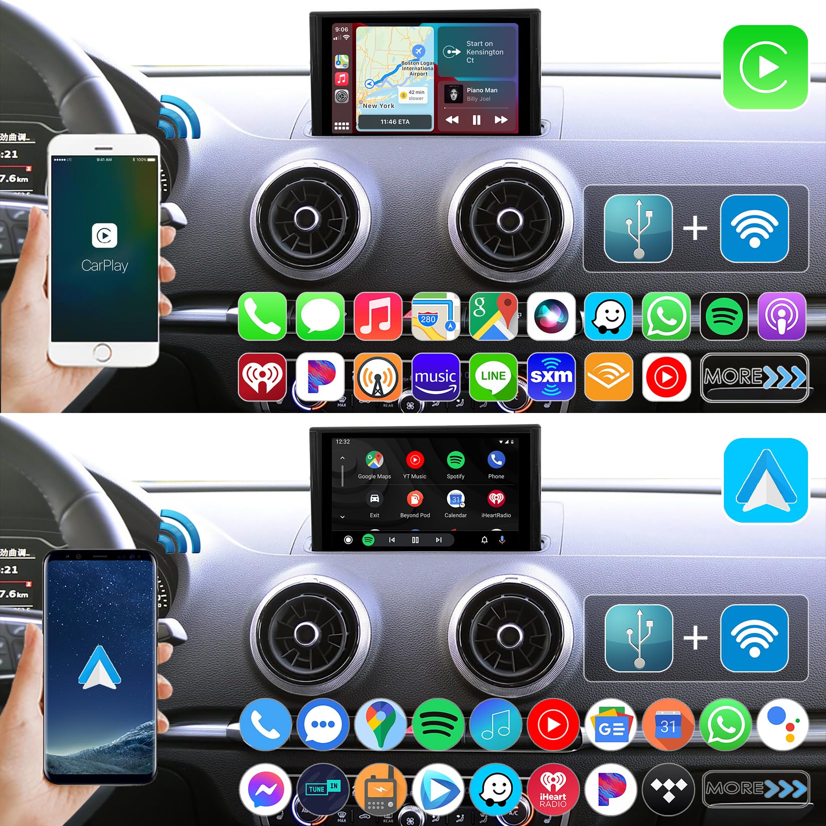 Wireless CarPlay & Android Auto Retrofit Kit for Audi A3 A4 A5 Q5 Q7 B9 (2013-2019) - AirPlay & MirrorLink Support, iOS 14 Split Screen, USB Playback, Built-in YouTube App | Perfect for Commuting, Road Trips & Hands-Free Navigation