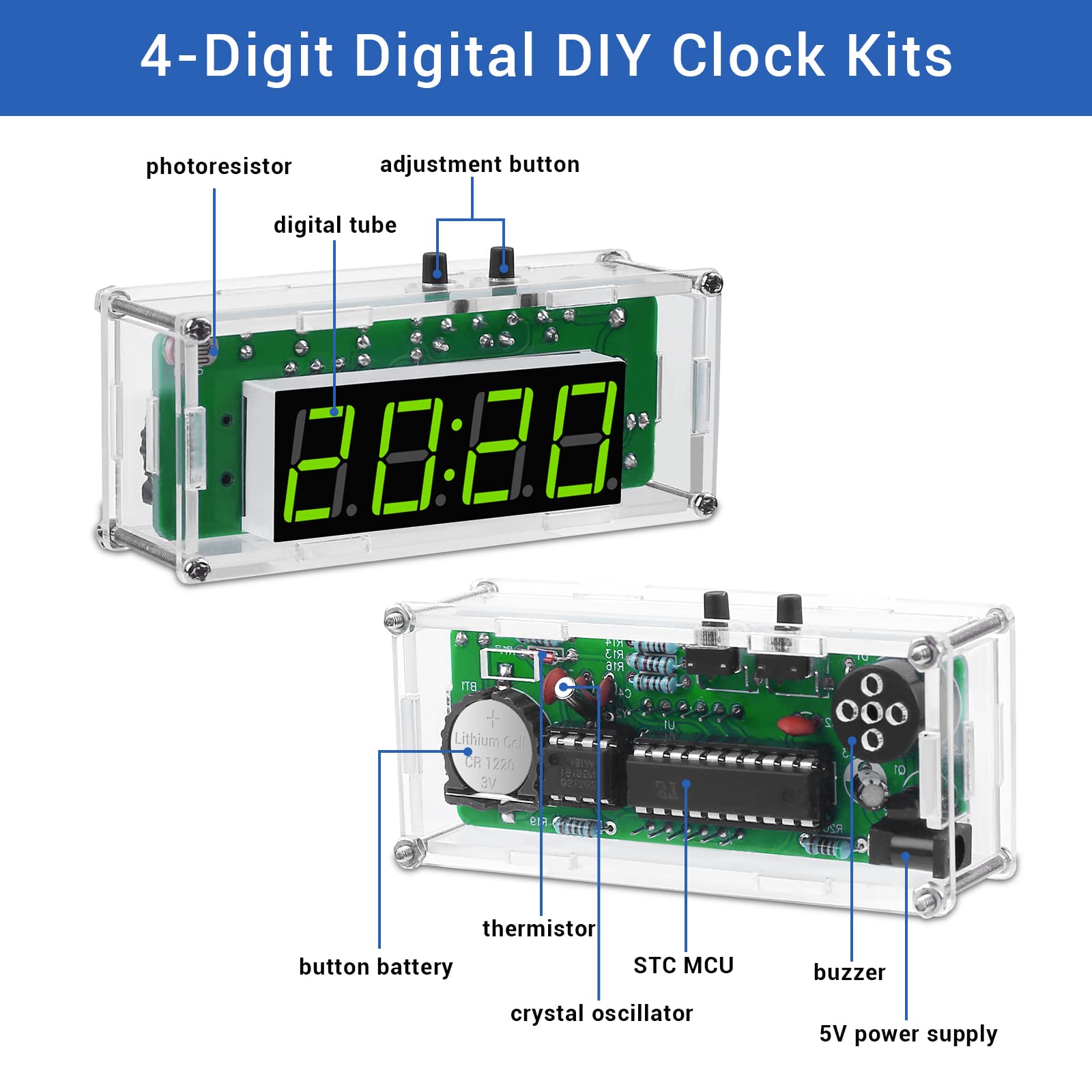 MiOYOOW TJ-56-428 4-Digit Digital DIY Clock Kit with Acrylic Shell - Soldering Practice Kit for Students & Electronics Hobbyists - Learn Electronics with DIY Alarm Clock Project - Perfect for STEM Education & Home Workshop Projects