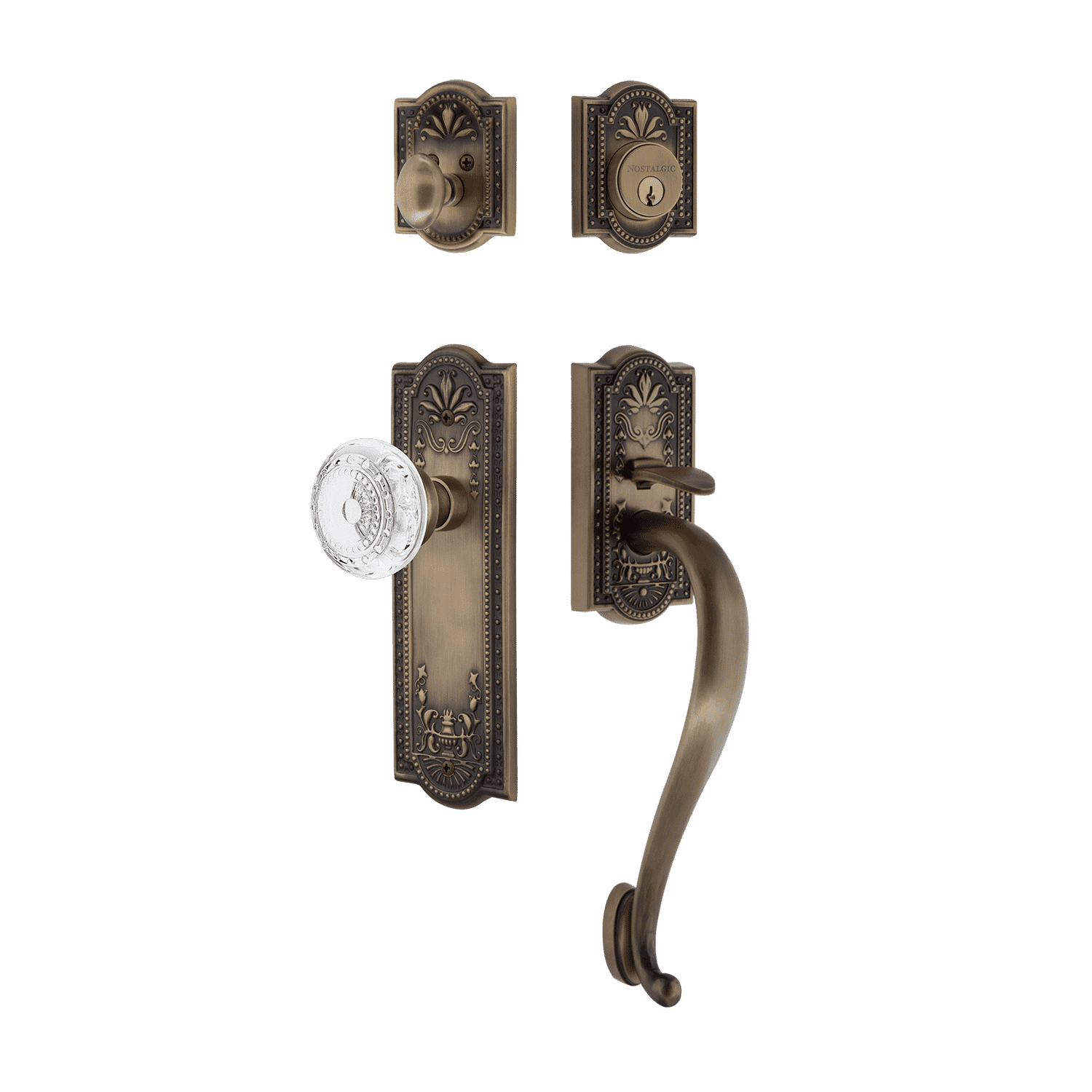 Antique Brass Meadows Handleset with S Grip & Long Plate - Crystal Knob for Elegant Home Door Hardware | Perfect for Interior & Exterior Doors, Cabinets, and Vintage-Style Decor