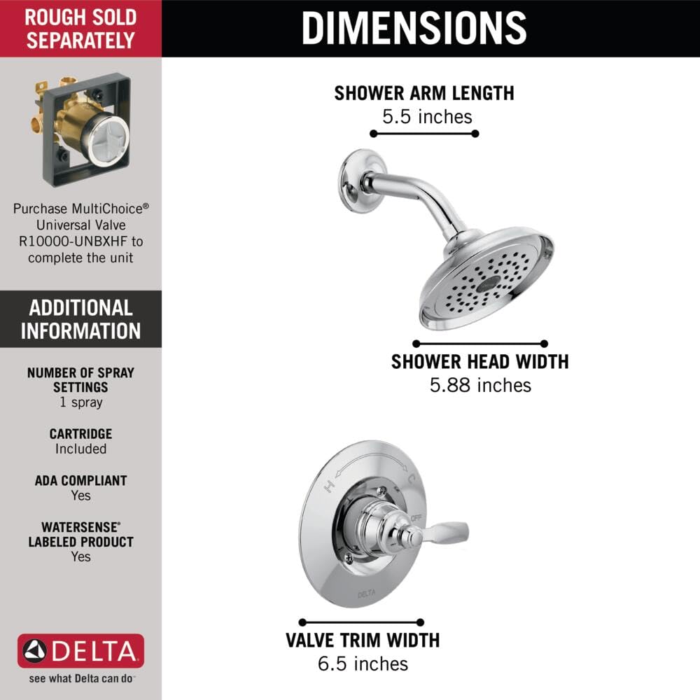 Delta Faucet Woodhurst 14 Series Single-Handle Chrome Shower Faucet & Trim Kit with Single-Spray Shower Head - T14232 (Valve Not Included) - Perfect for Modern Bathroom Renovations & Spa-Like Shower Experience