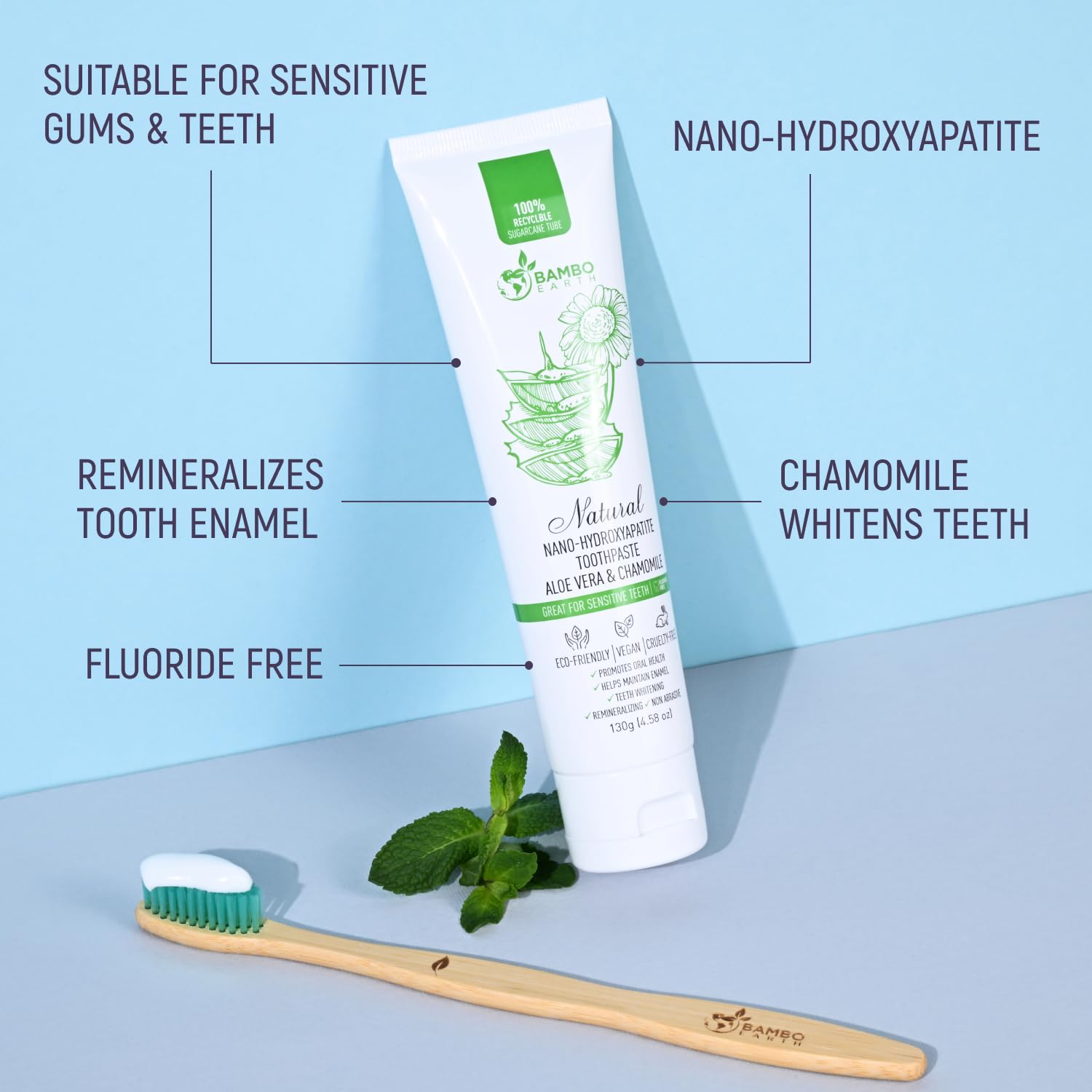 Natural Fluoride-Free Toothpaste with Nano Hydroxyapatite - Remineralizing, Whitening & Sensitive Teeth Relief - Zero Waste Eco-Friendly Tube - Dentist Recommended for Adults & Kids (Aloe Vera & Chamomile Flavor) - Perfect for Daily Oral Care, Travel & Sustainable Lifestyle