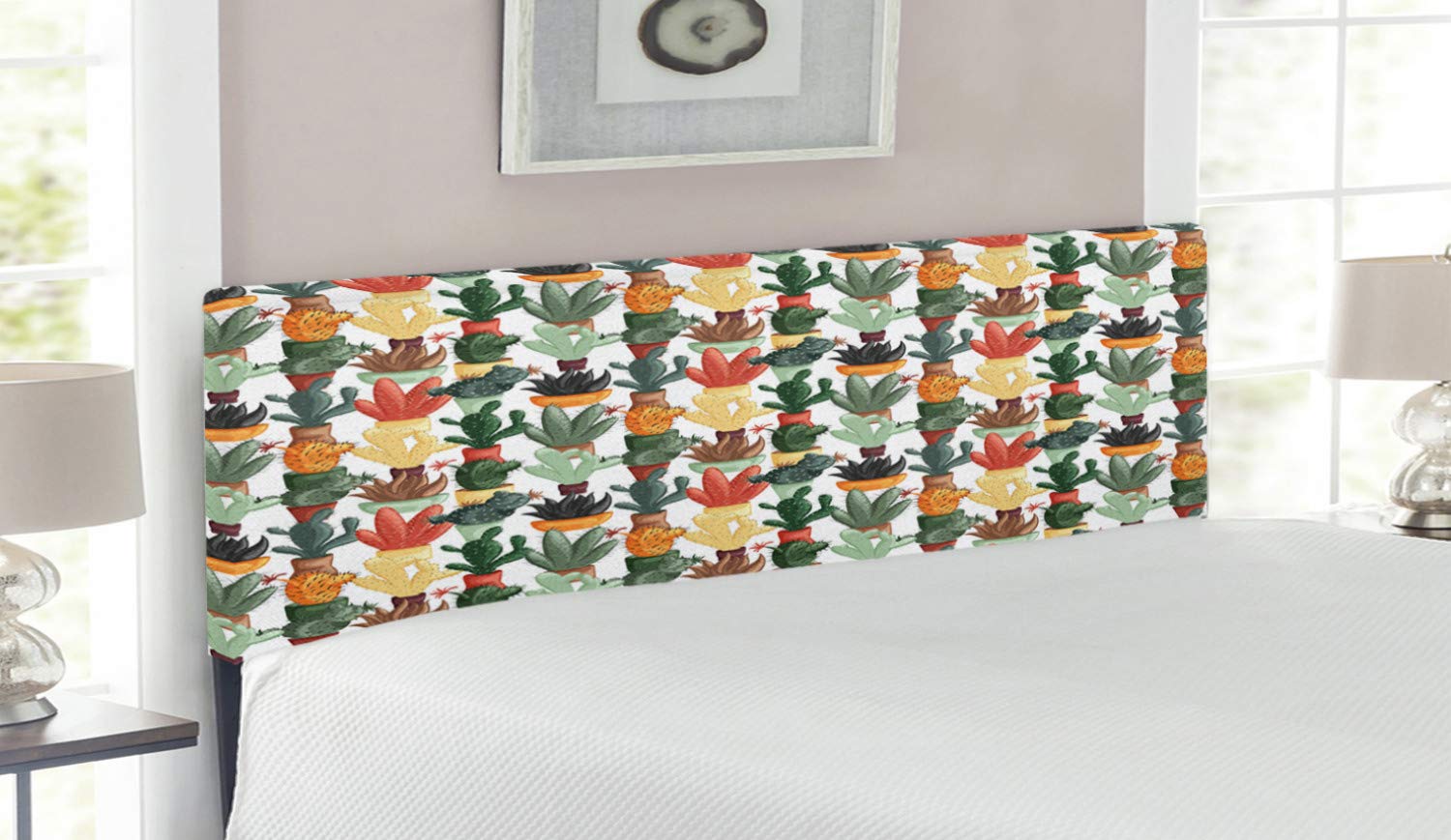 Ambesonne Queen Size Upholstered Metal Bed Headboard with Memory Foam - Mexican Cactus & Succulent Botanical Illustration, Multicolor Decorative Headboard for Bedroom, Living Room or Guest Room