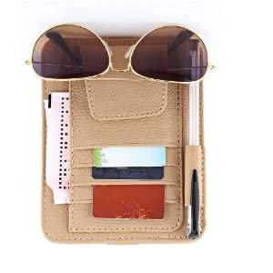 Car Sun Visor Organizer - Storage Pouch for Cards & Glasses (Beige) - Perfect for Road Trips