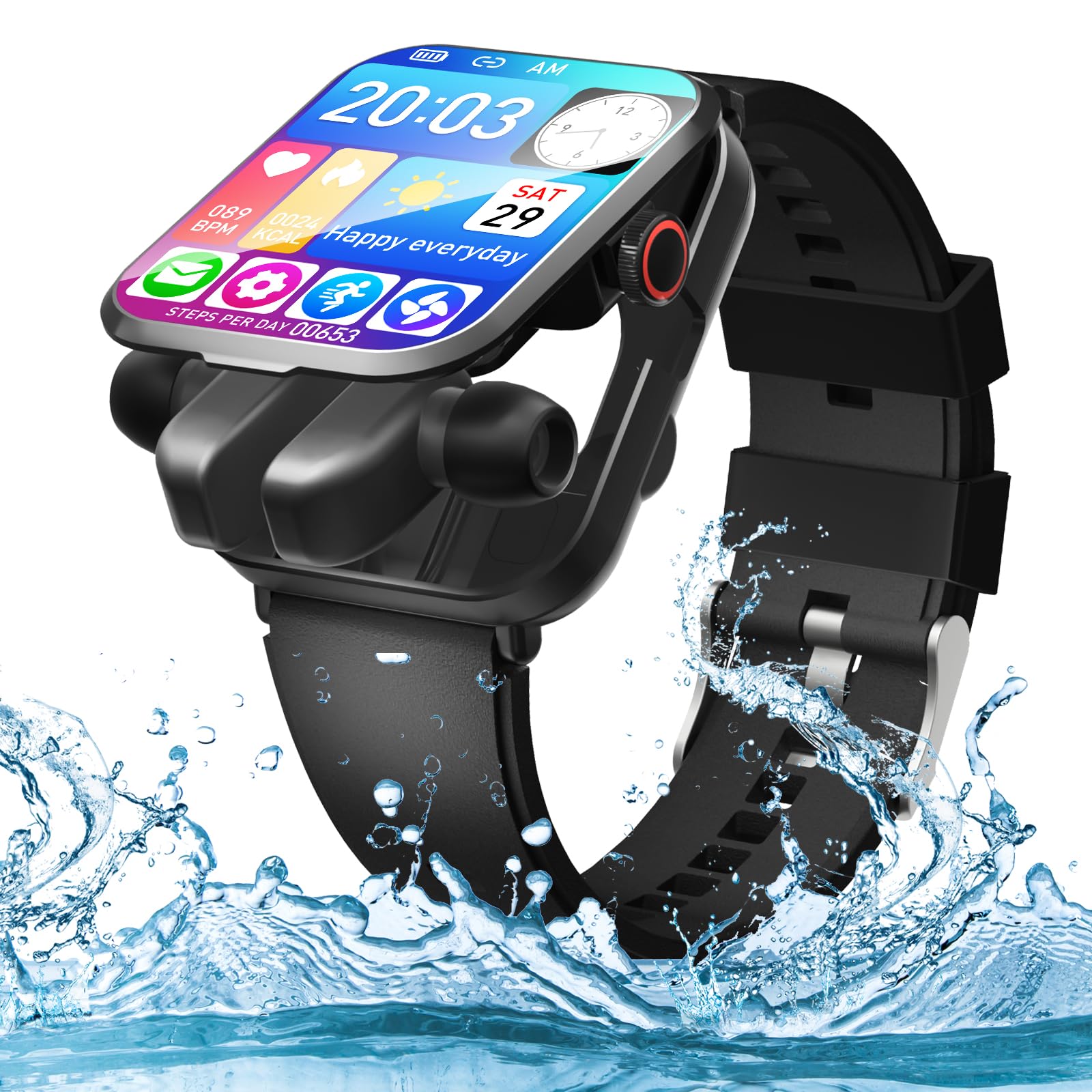 2 in 1 Smart Watch with Built-in Wireless Earbuds, IP68 Waterproof Fitness Tracker with Heart Rate Monitor, Blood Oxygen & Sleep Tracking, Call Notifications - Perfect for Running, Swimming & Daily Activity Tracking