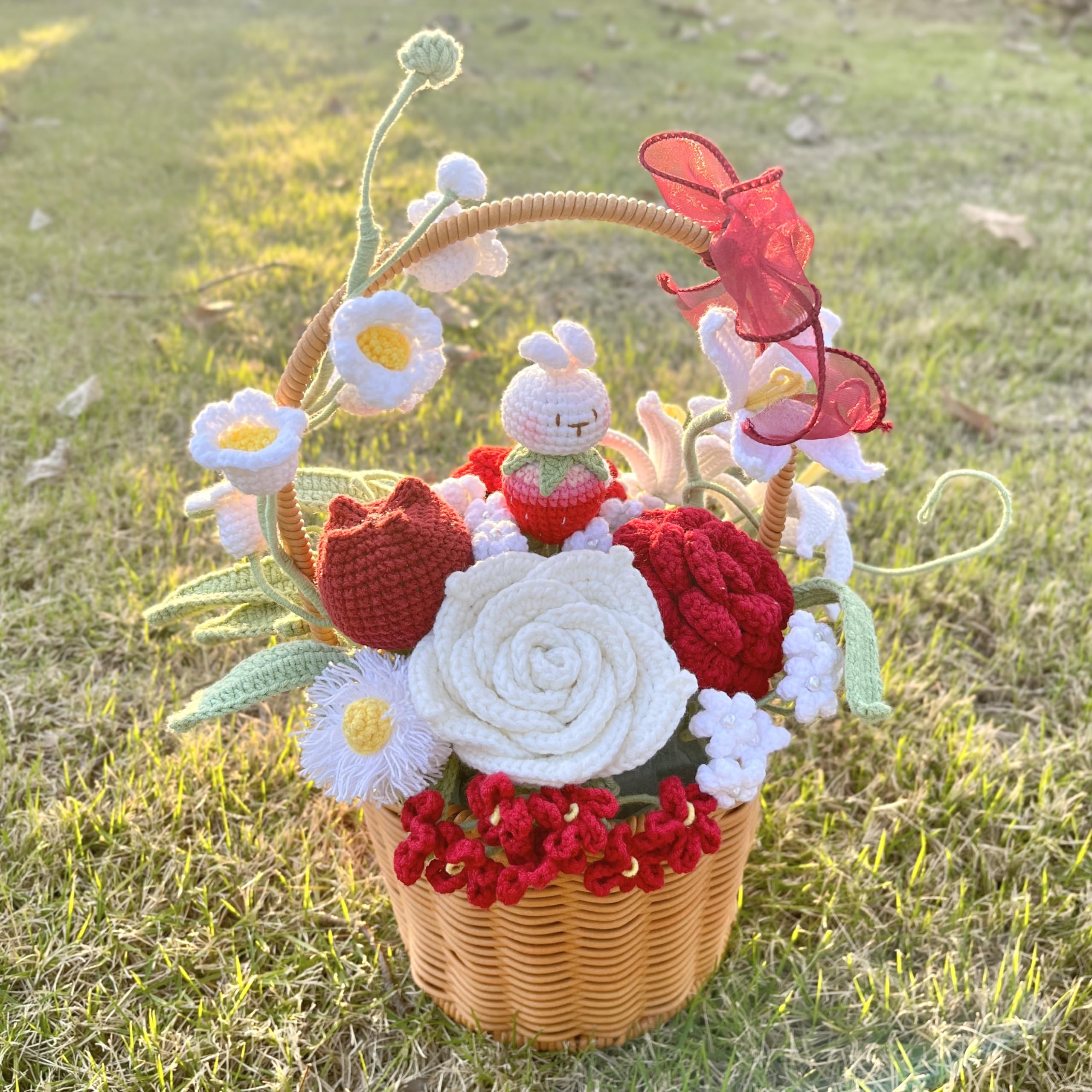 JOMODECOR Handmade Crochet Flower Basket - Artificial Potted Flowers with Strawberry, Bunny, Daisy, Tulip & Rose - Perfect Gift for Girlfriend, Mom & Women - Home Office Desk & Bedroom Decor (Red) - Ideal for Wedding Centerpieces, Baby Showers & Spring Home Decor