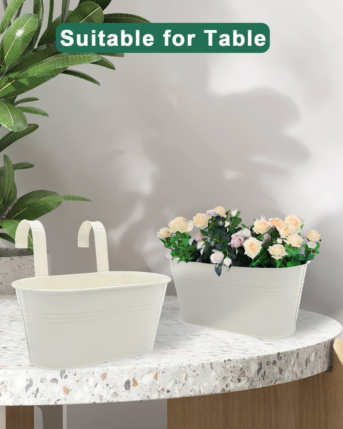 Vensovo 5-Pack White Metal Railing Planter Box for Outdoor Plants - Oval Hanging Flower Pots with Detachable Hooks & Drain Holes - Perfect for Balcony, Garden Fence, Deck & Patio Decor