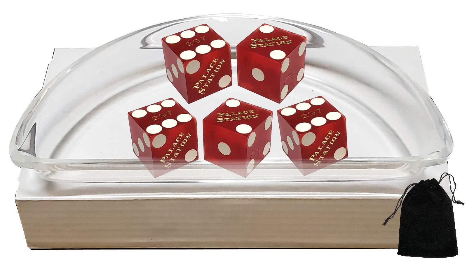 Premium Set of 5 Las Vegas Casino 19mm Craps Dice with Clear Acrylic Dice Boat & Black Velvet Pouch - Palace Station Red Frosted Edition - Perfect for Casino Nights, Gambling Parties, and Table Game Enthusiasts