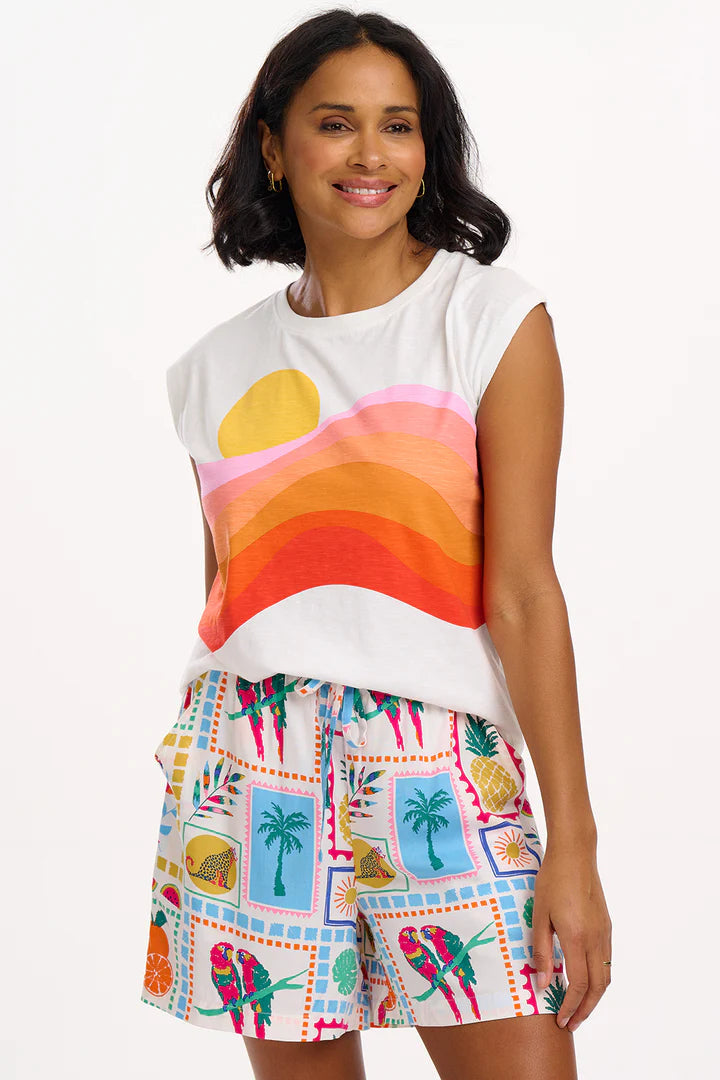 Chrissy Relaxed Tank T-Shirt for Women - Soft & Comfortable Off White & Sunset Waves Print - Perfect for Summer, Beach, and Casual Wear