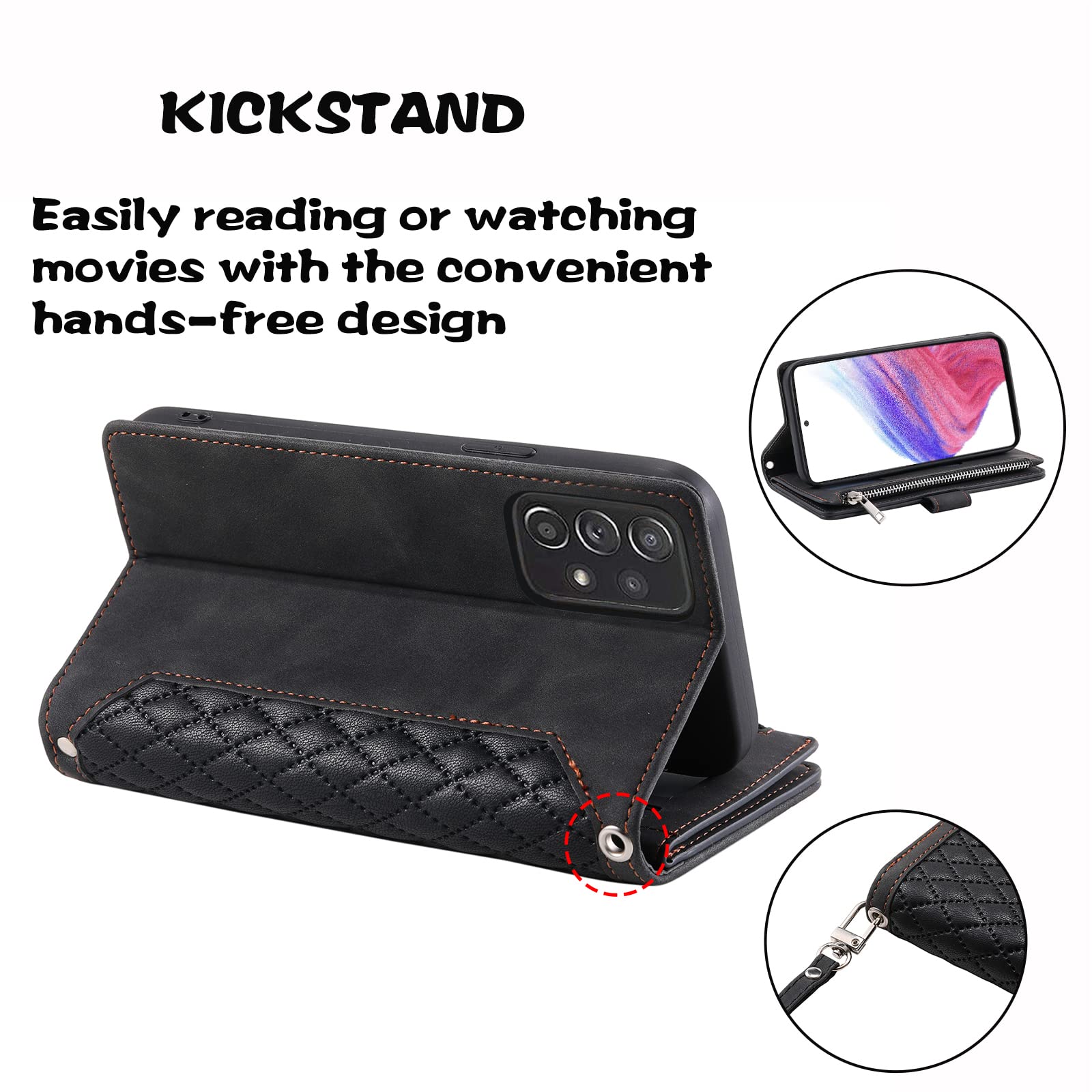 Luxury Quilted PU Leather Wallet Case for Samsung Galaxy A53 5G - RFID Blocking Card Slots, Magnetic Zipper Closure, Wrist Strap & Kickstand - Shockproof Flip Cover for Women (Black) - Perfect for Travel, Shopping & Daily Use