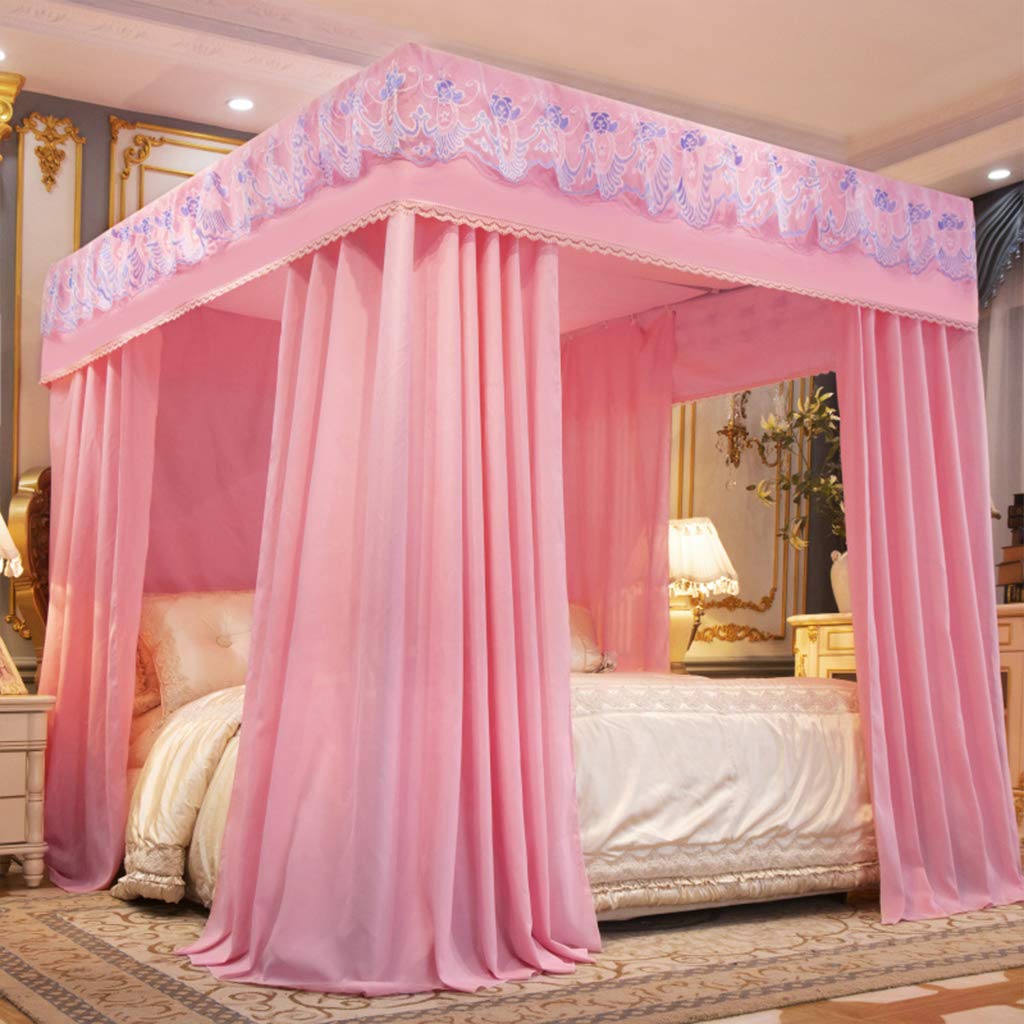 Princess 4 Corner Post Bed Canopy - Pink Solid Color Bed Curtain for Girls & Adults - Twin/Full/Queen/King Size Bedroom Decor - Perfect for Kids Rooms, Nursery, or Romantic Bedroom Decorations (Queen Size, Pink)