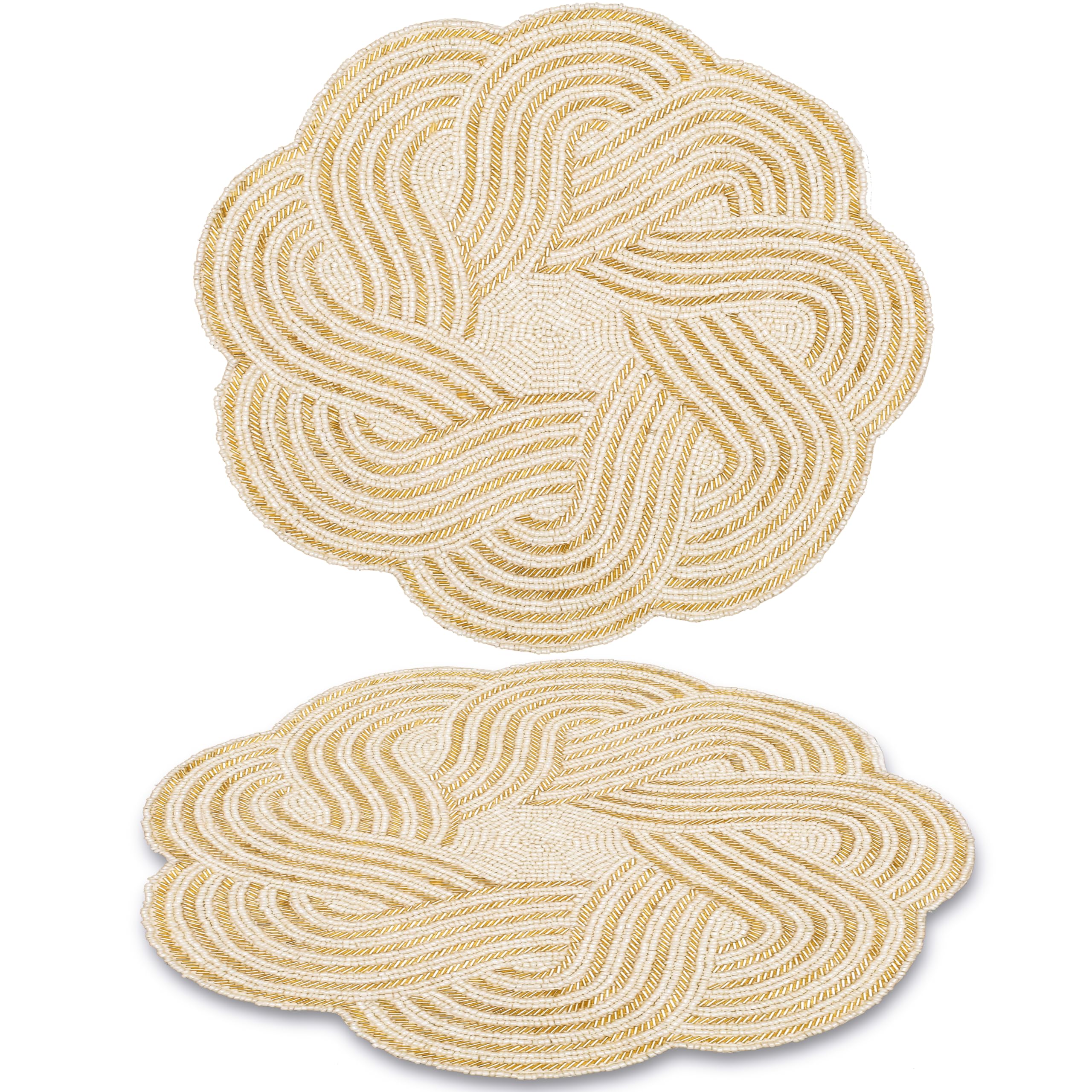 ALPHA Living HOME Handmade Round Beaded Placemats - 13 Inch Elegant Table Mats for Dining, Coffee Table, Wedding & Holiday Decor - Ivory - Perfect for Thanksgiving, Christmas Parties & Home Décor