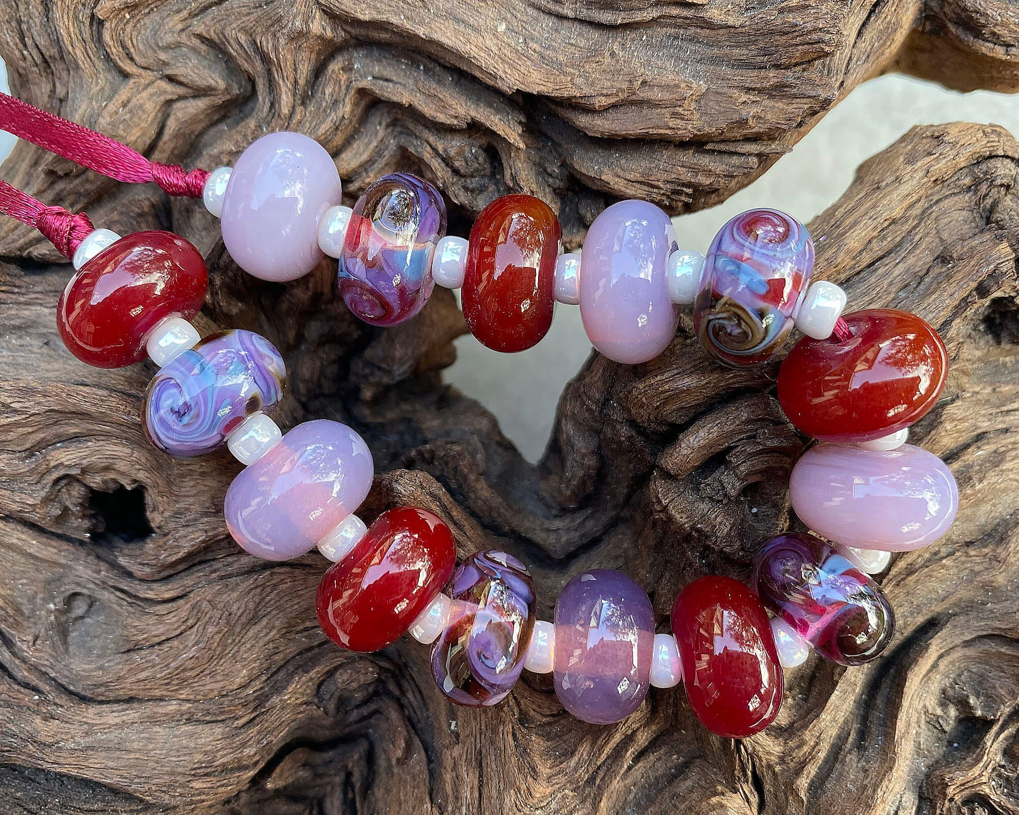 15 Handmade Red & Purple Swirl Lampwork Glass Beads Set for Jewelry Making - DIY Bracelet, Necklace & Craft Projects (SRA Certified) - Perfect for Gift Giving & Boho Style Accessories