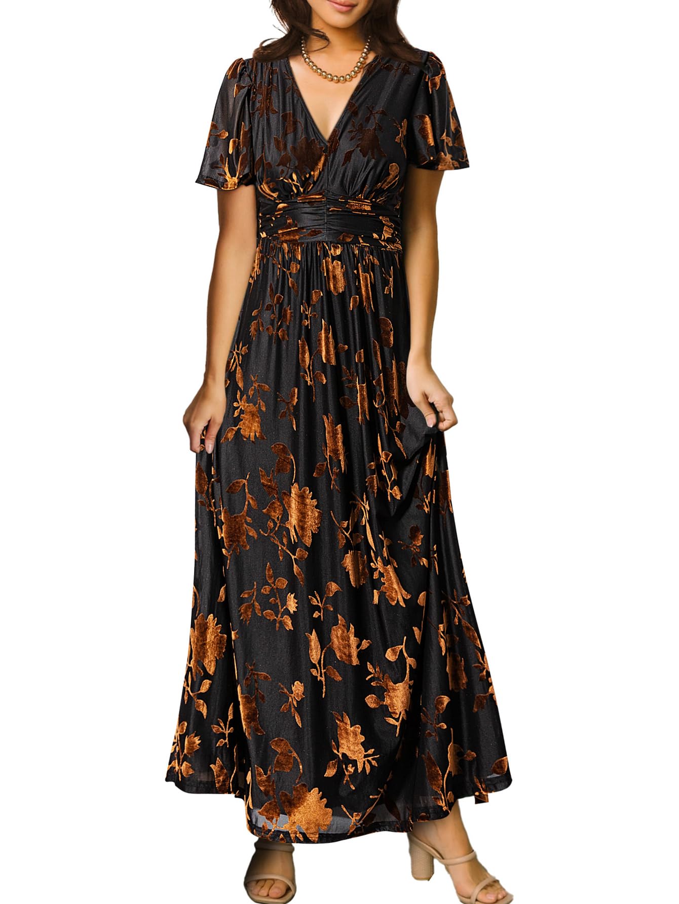 Simplee Women’s V Neck Velvet Maxi Dress - Short Sleeve Empire Waist Formal Gown for Wedding Guest, Party, Evening & Special Occasions