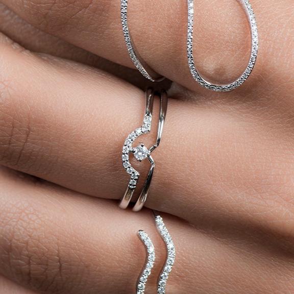 14k White Gold Diamond Curve Double Layer Band Ring for Women - Elegant Stackable Wedding Band, Anniversary Gift, or Everyday Jewelry