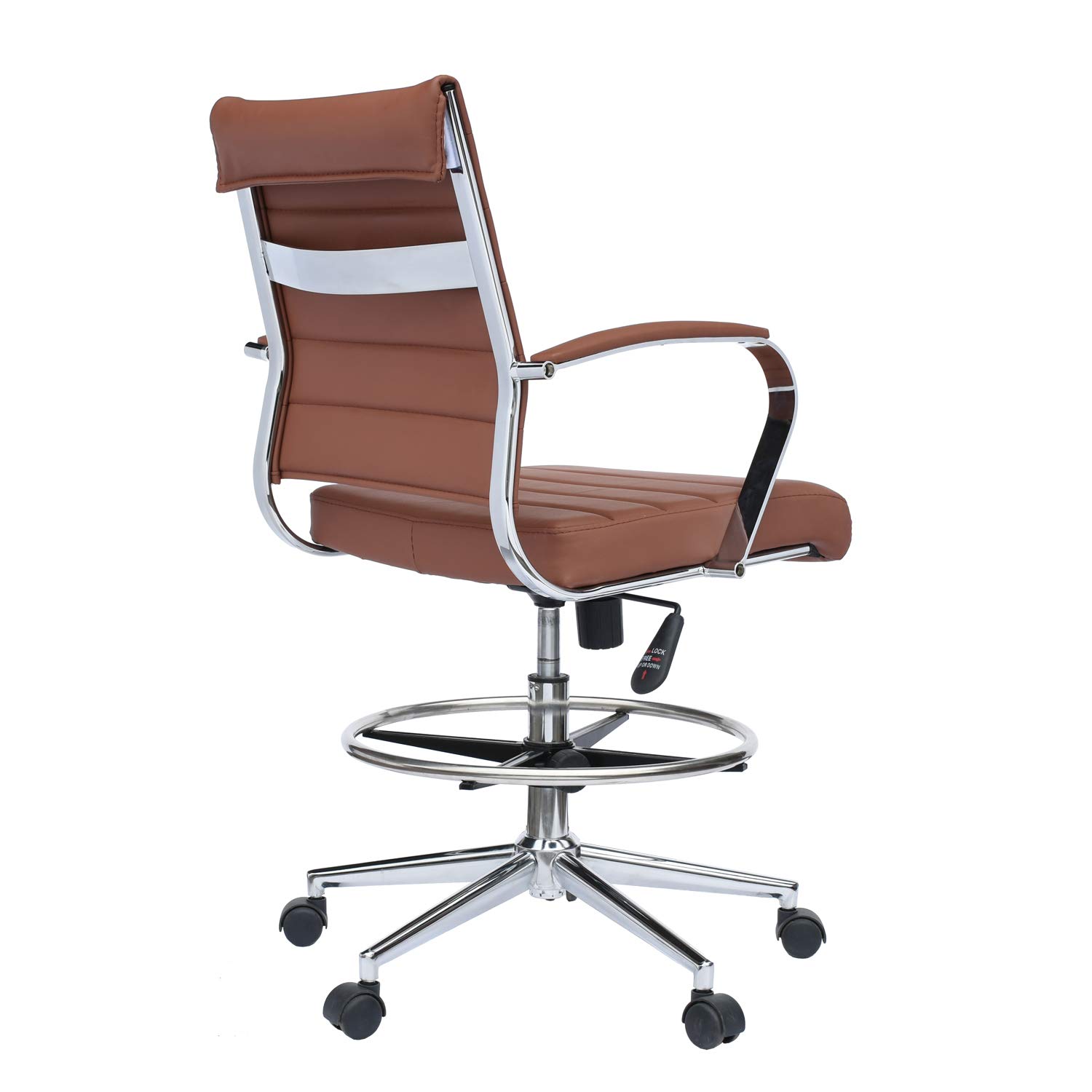 2xhome Modern Adjustable Ergonomic Office Chair - Designer Drafting Chair with Arms & Ribbed Back Support, Brown - Perfect for Home Office, Computer Work & Creative Workspaces