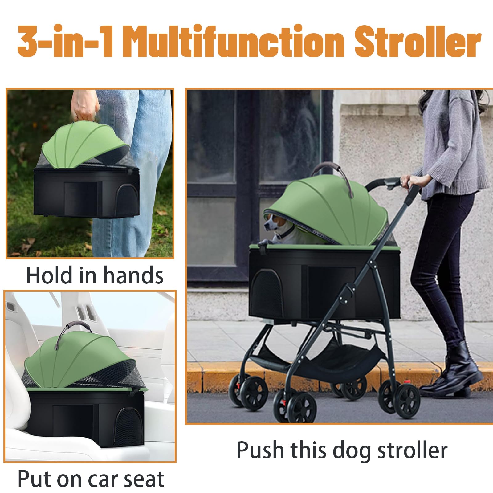 3-in-1 Pet Stroller for Dogs & Cats - Removable Carrier Dog Wagon for Medium Pets Up to 55lbs - Lightweight & Foldable Green Pet Stroller - Perfect for Travel, Vet Visits & Outdoor Adventures
