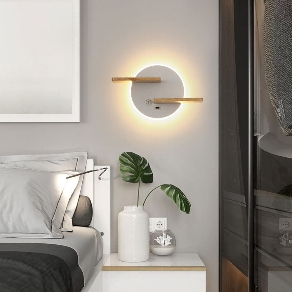 Modern LED Wall Sconce with Switch & USB Charging Port - Acrylic Shade Bedside Lamp for Bedroom, Creative Shelf Headboard Lighting - White Metal Wall Fixture for Living Room, Hallway & Home Decor