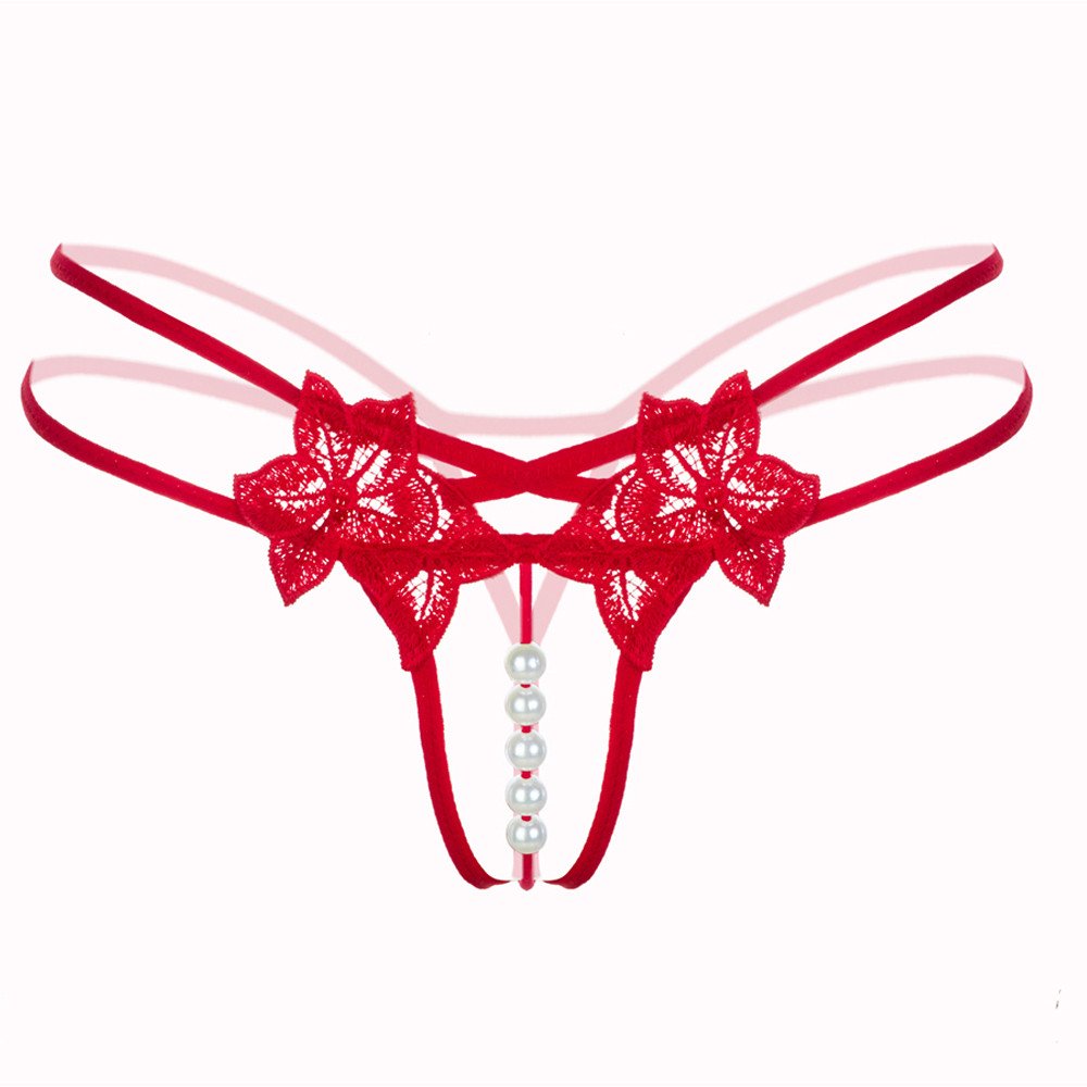 Sexy Lace Thongs for Women - Pearl Embellished G-String Underwear, Low Waist Lingerie (4 Pack, Red, One Size) | Perfect for Valentine's Day, Honeymoon & Romantic Nights