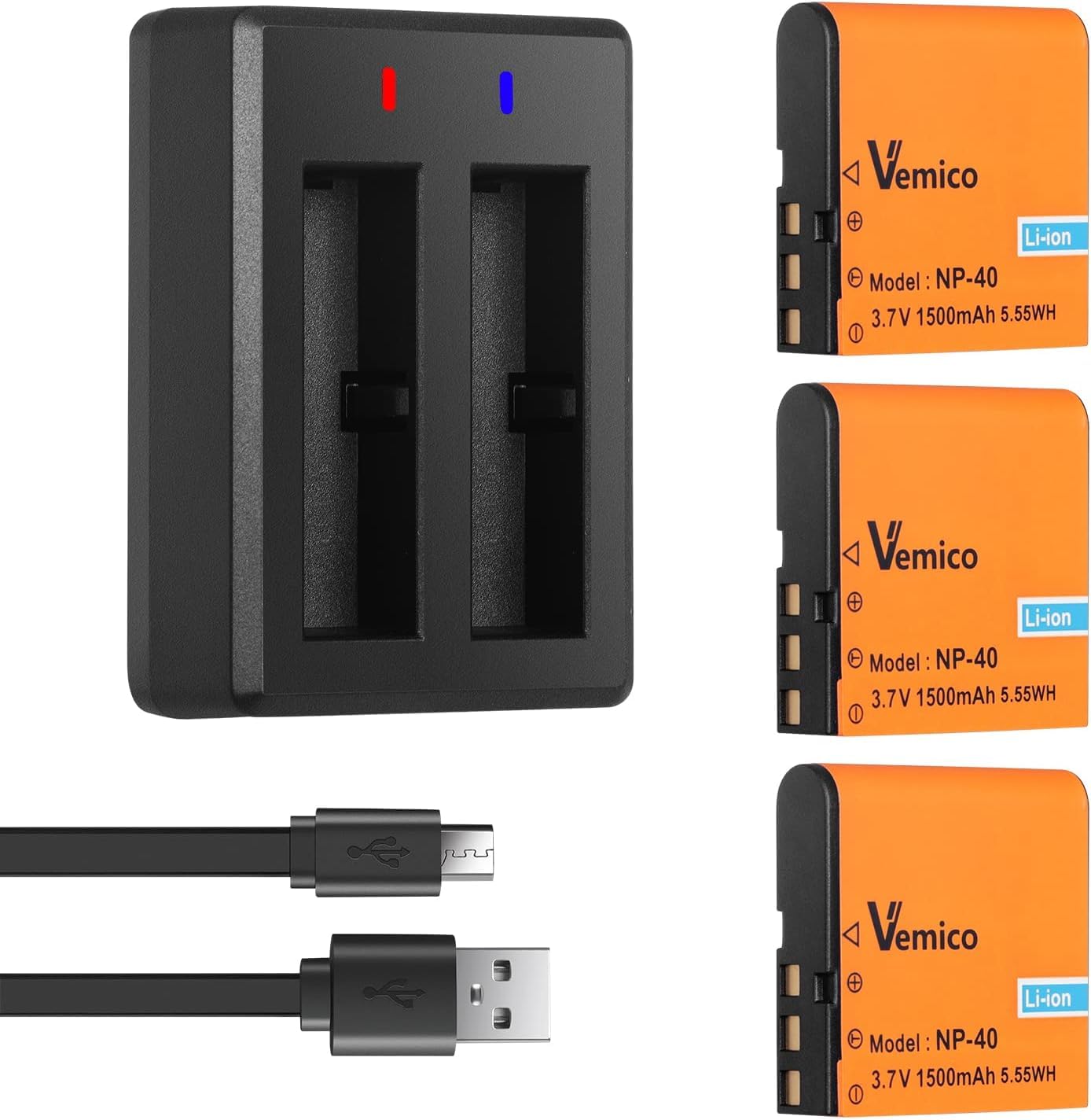 Vemico NP-40 Battery Charger Kit with 3 Pack 1500mAh Replacement Batteries & Dual Charger for Video Cameras - Compatible with Casio NP-40, Kodak LB-060, GE GB-60 - Perfect for Travel Vlogging, Home Videos & Professional Filming